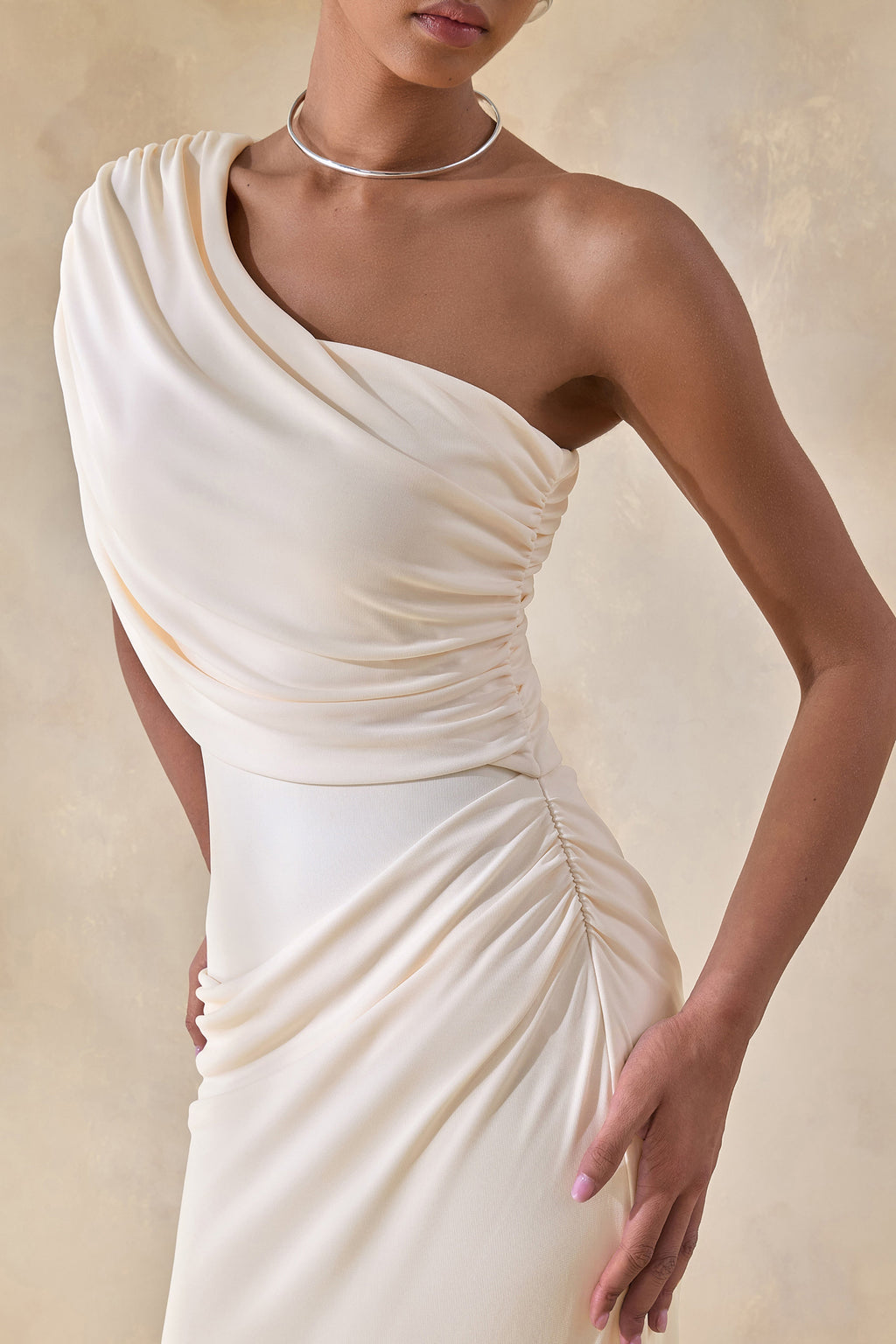 Iberia | Cream Asymmetric-Neck Maxi Dress With Draped Detail