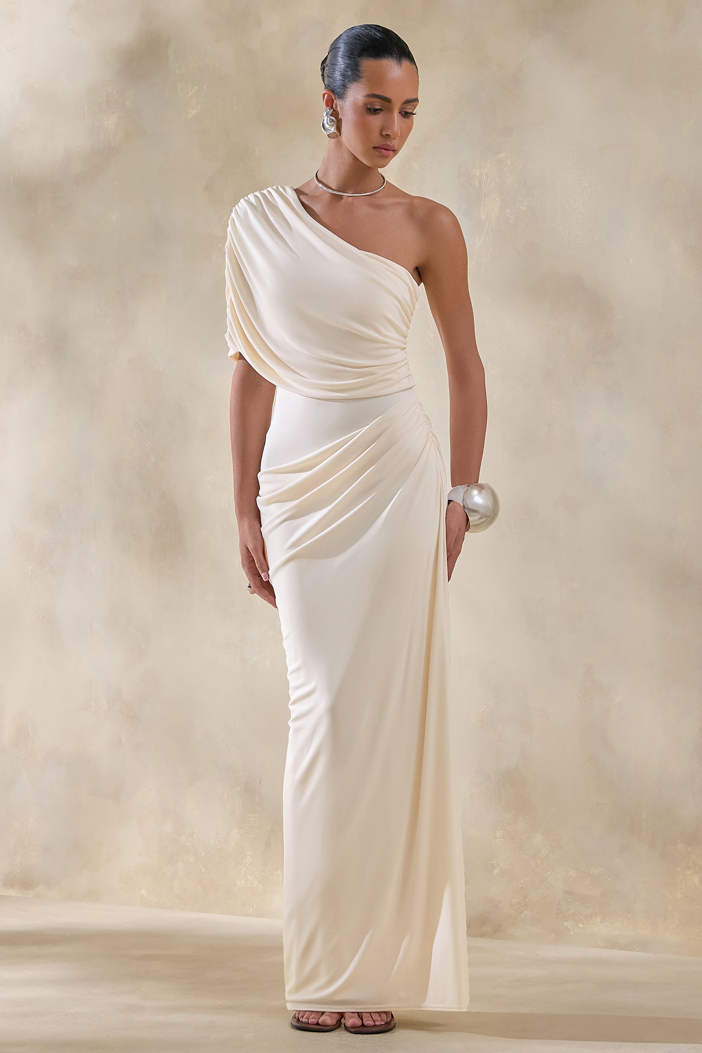 Iberia | Cream Asymmetric-Neck Maxi Dress With Draped Detail