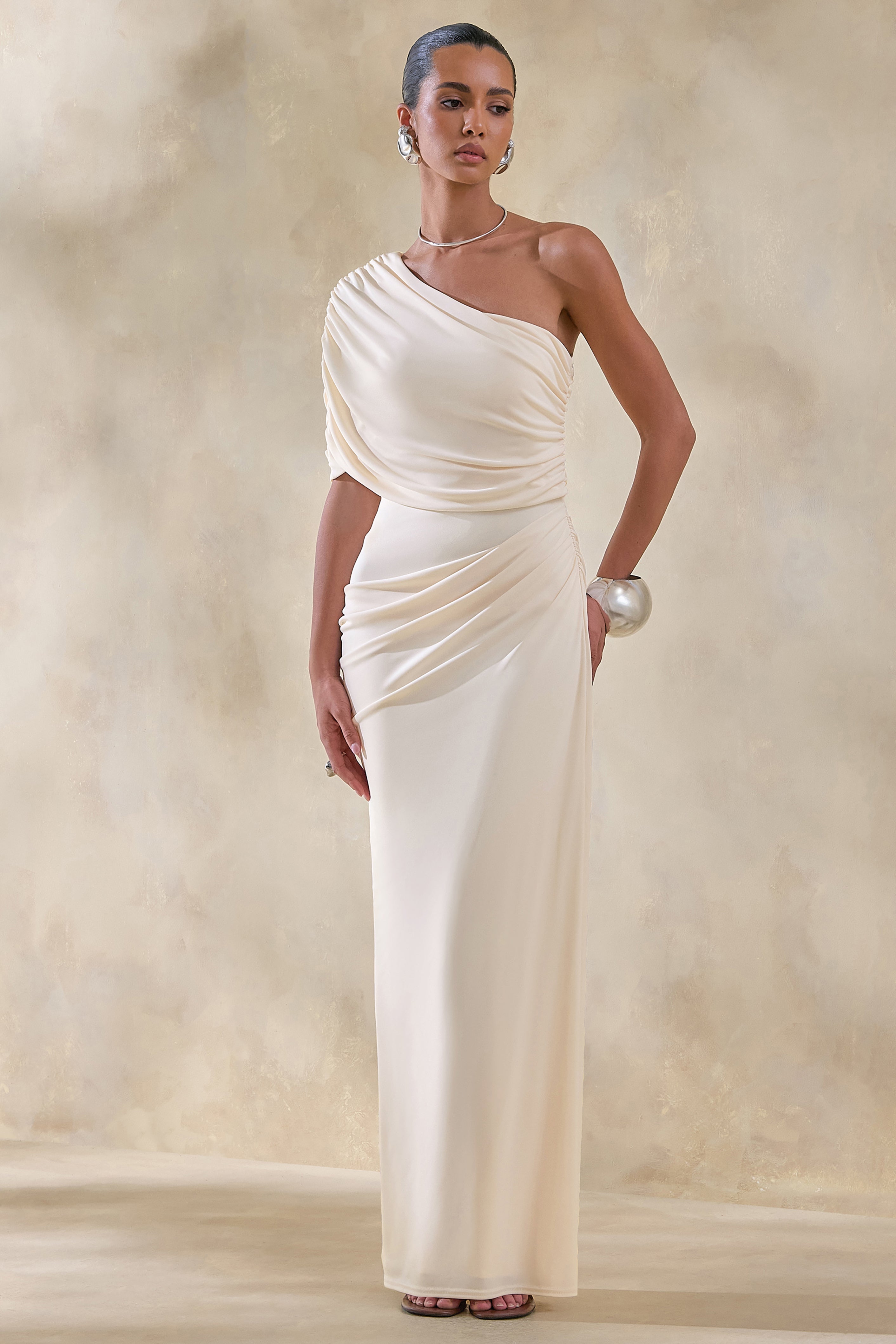 Iberia | Cream Asymmetric-Neck Maxi Dress With Draped Detail