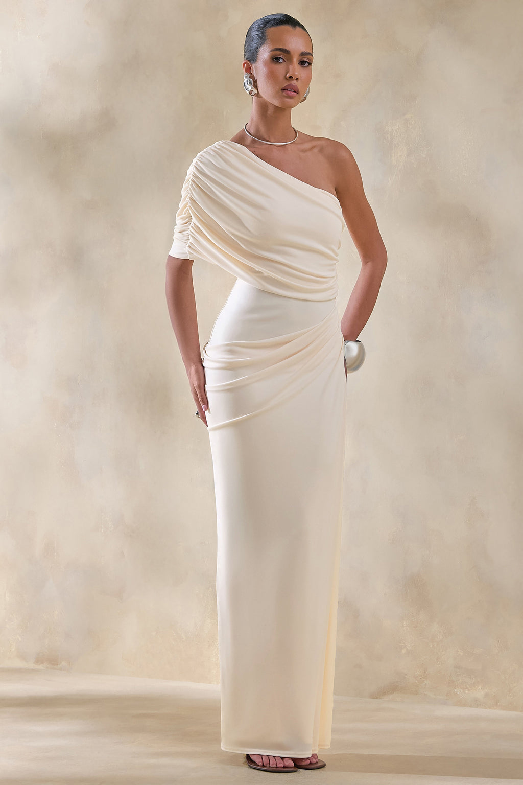 Iberia | Cream Asymmetric-Neck Maxi Dress With Draped Detail