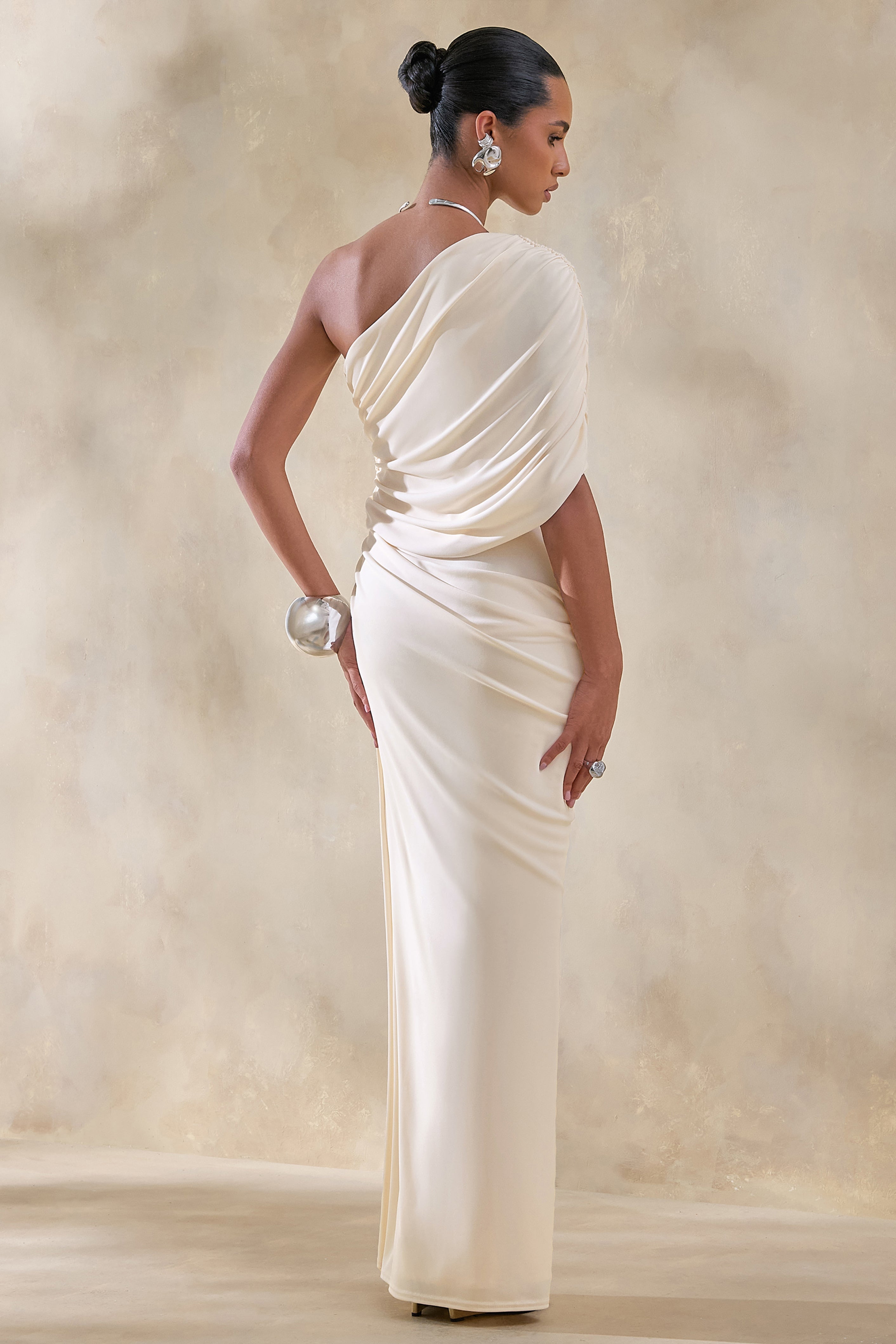 Iberia | Cream Asymmetric-Neck Maxi Dress With Draped Detail