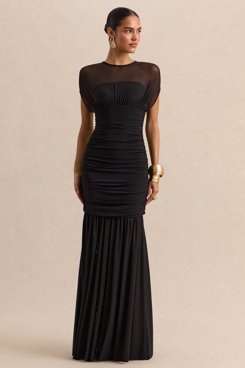 Kalene | Black Wide-Neck Maxi Dress With Sheer-Detailing