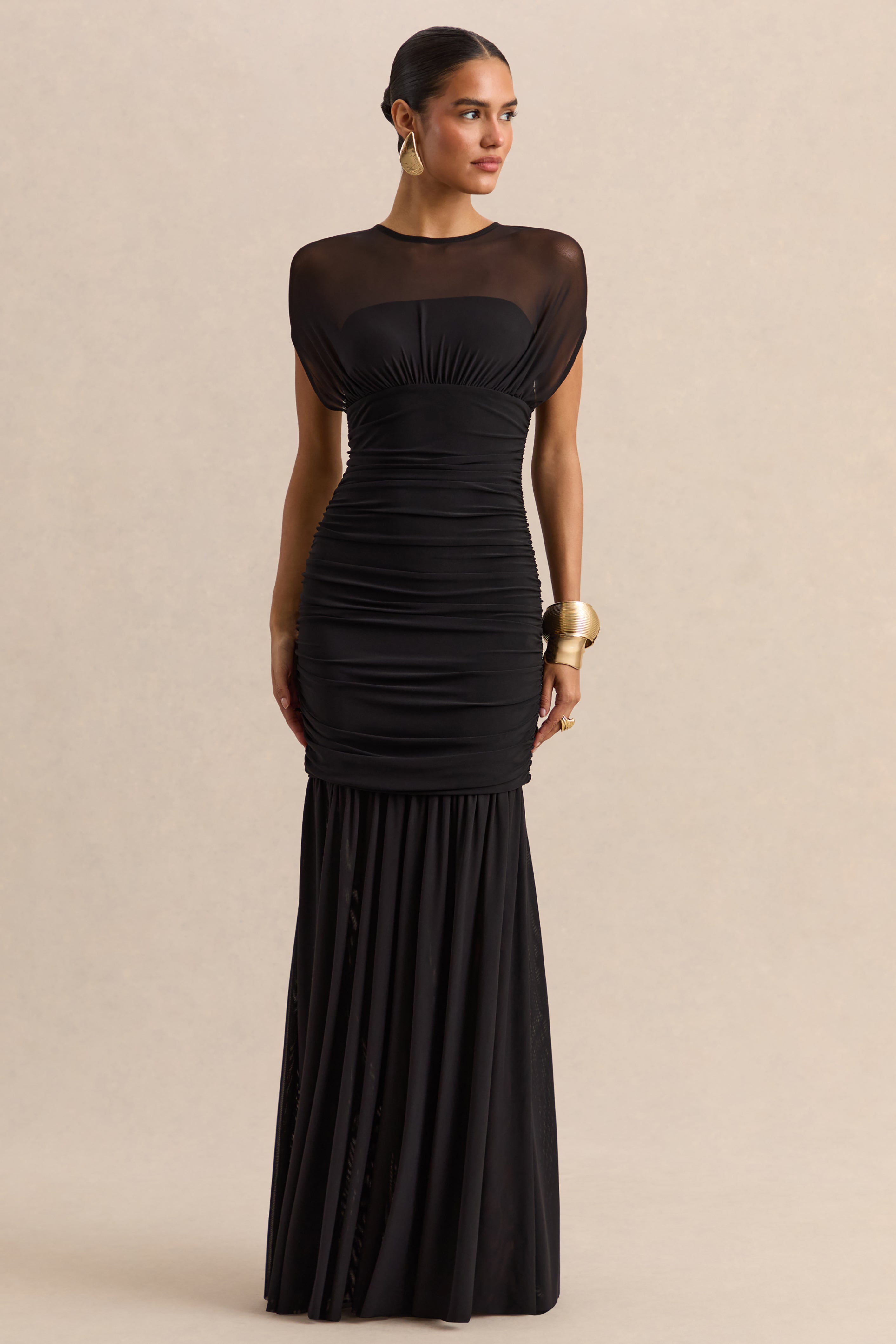 Kalene | Black Wide-Neck Maxi Dress With Sheer-Detailing