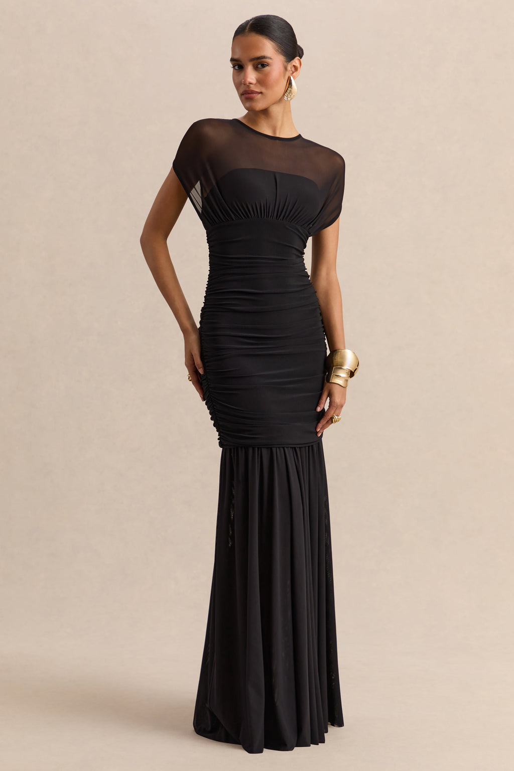 Kalene | Black Wide-Neck Maxi Dress With Sheer-Detailing