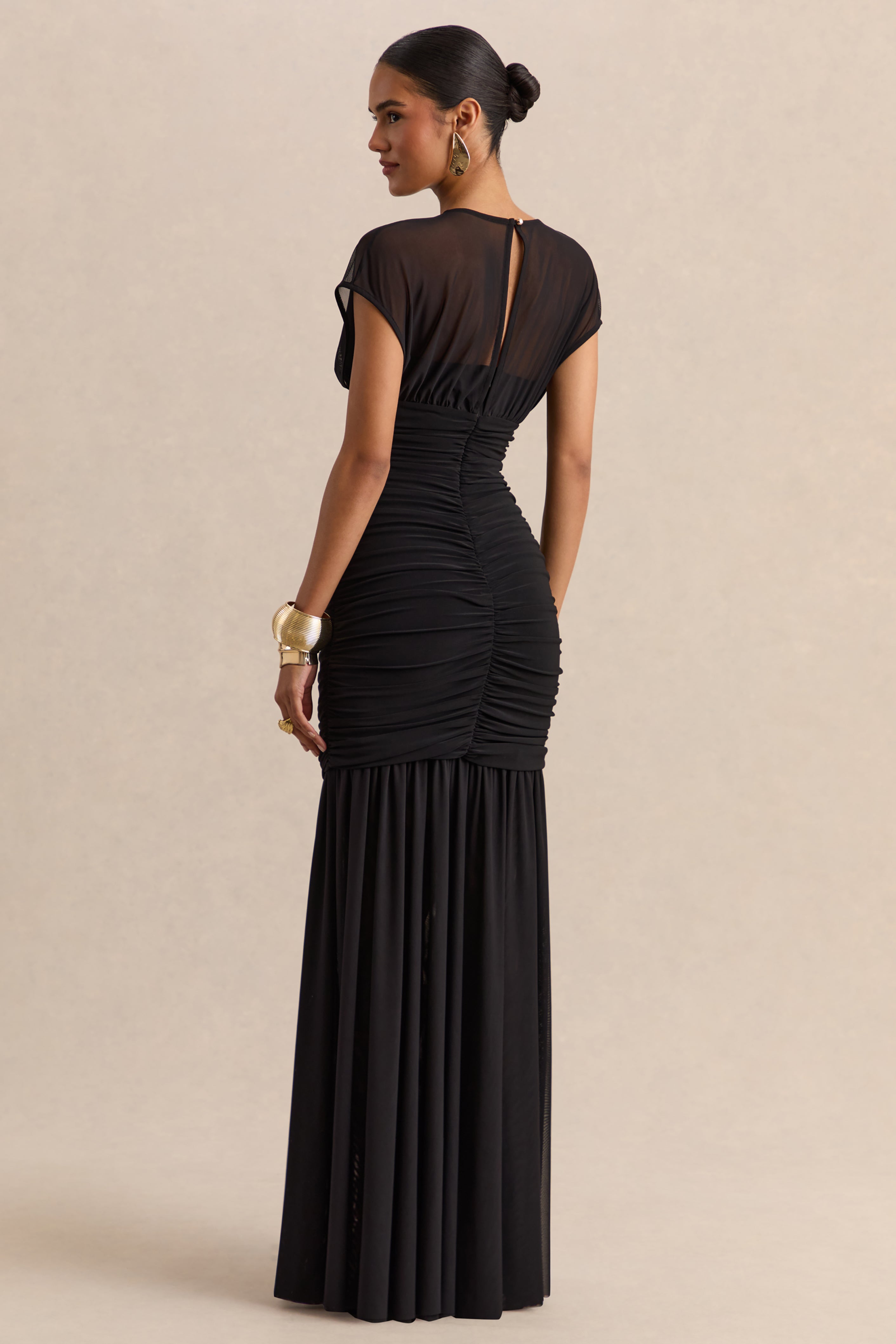 Kalene | Black Wide-Neck Maxi Dress With Sheer-Detailing
