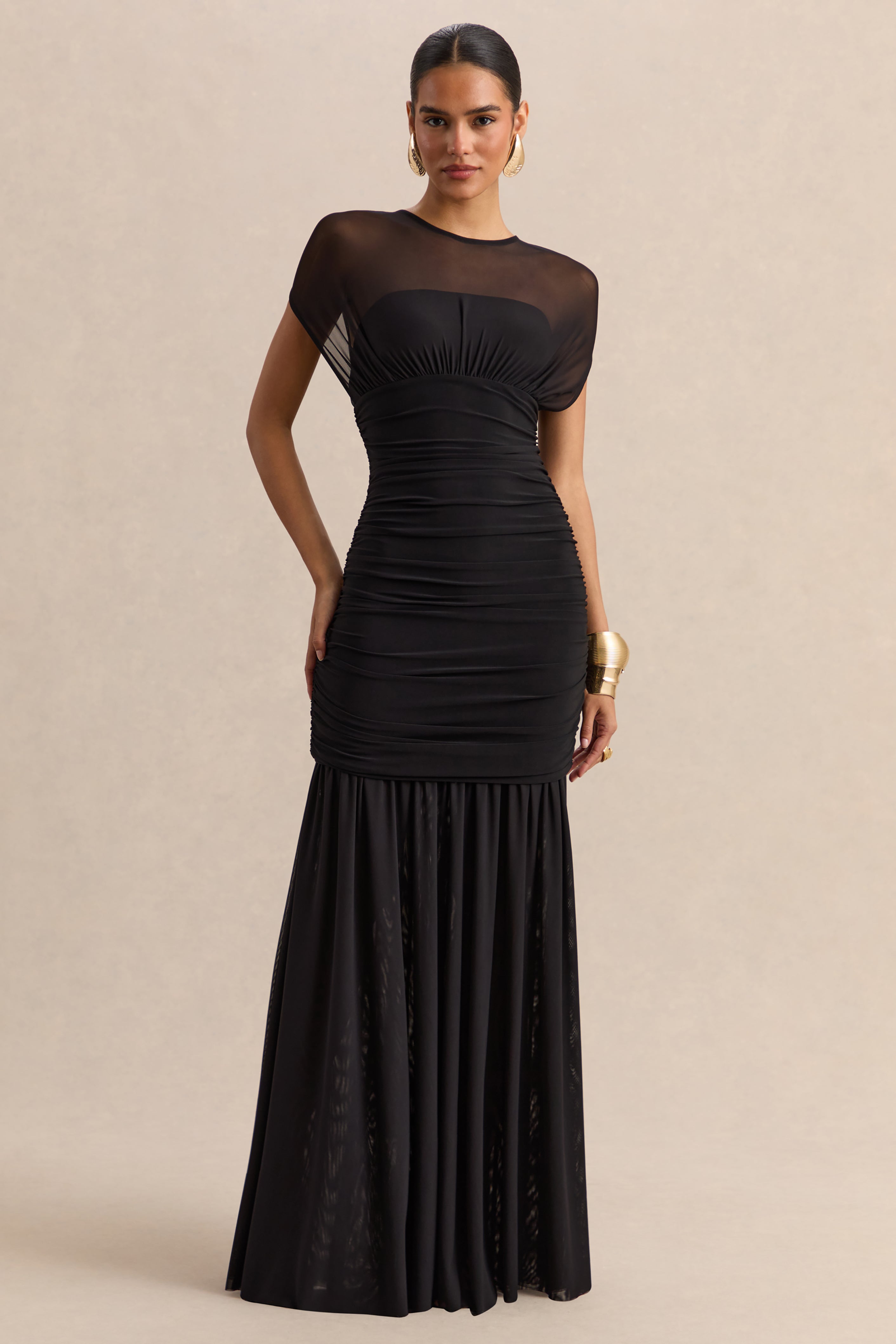Kalene | Black Wide-Neck Maxi Dress With Sheer-Detailing