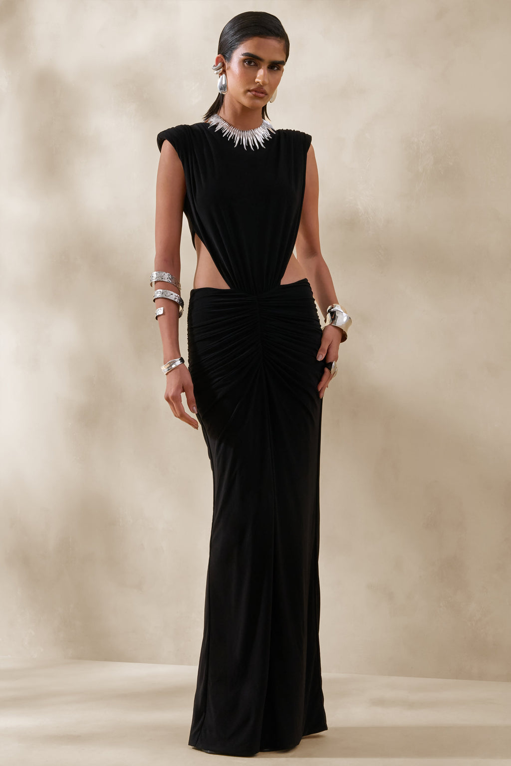 Imelda | Black Boat-Neck Maxi Dress With Body Cut-Out Details