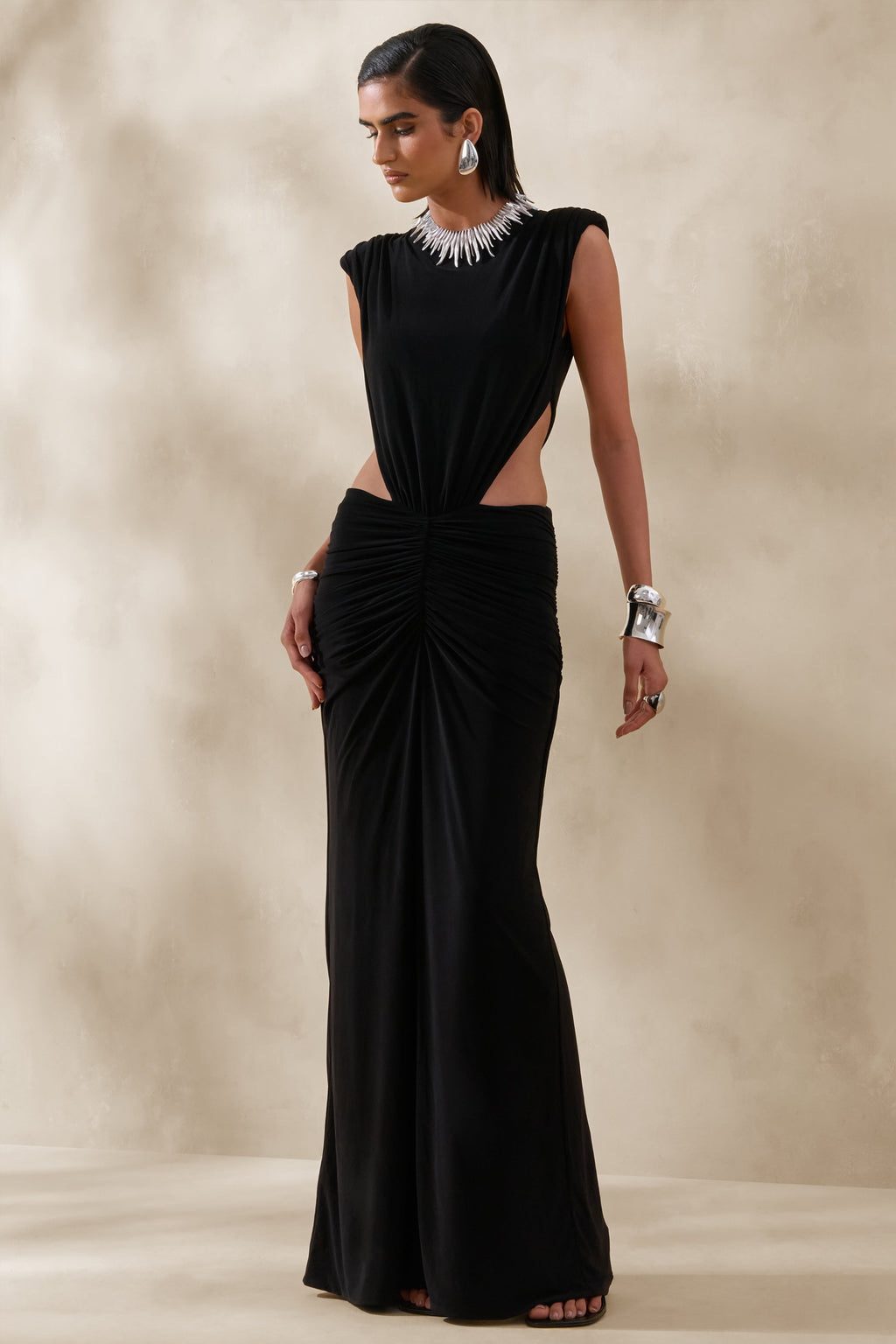 Imelda | Black Boat-Neck Maxi Dress With Body Cut-Out Details