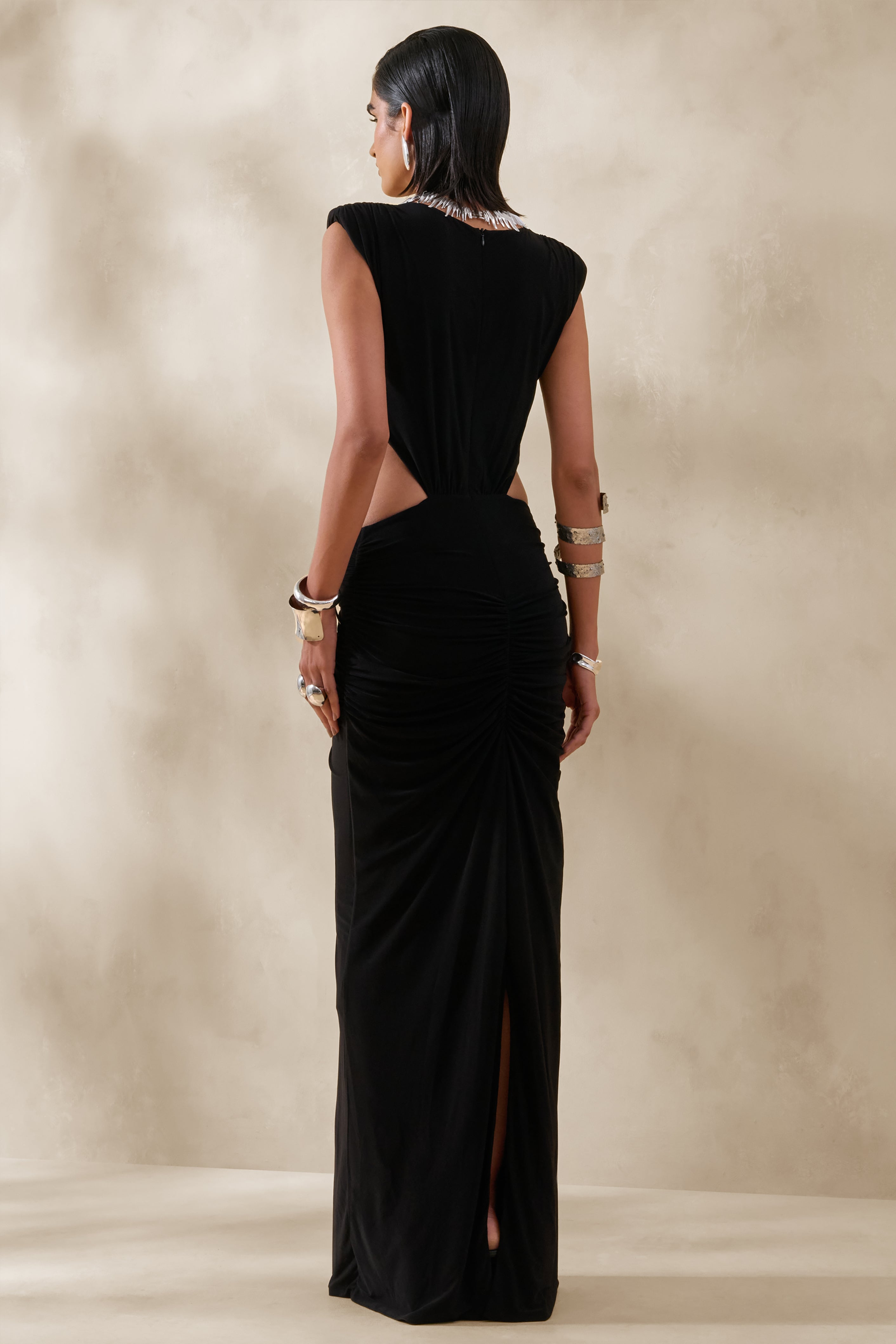 Imelda | Black Boat-Neck Maxi Dress With Body Cut-Out Details