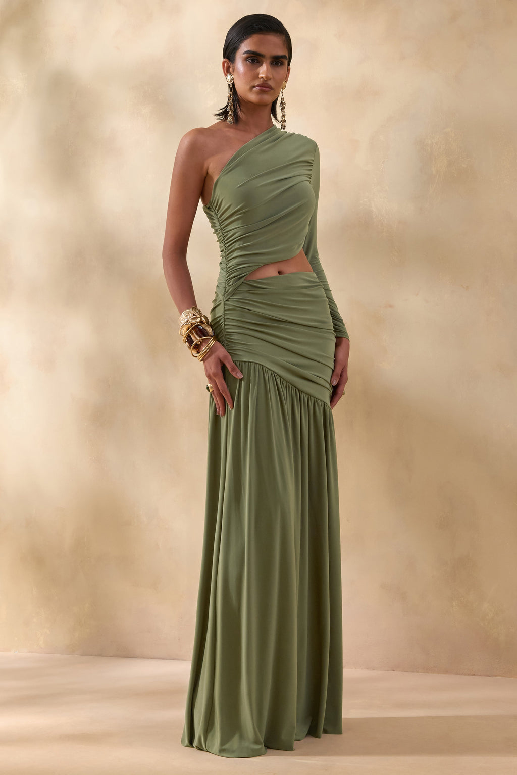 Kinsley | Olive Asymmetric-Neck Maxi Dress With Body Cut-Out Detail