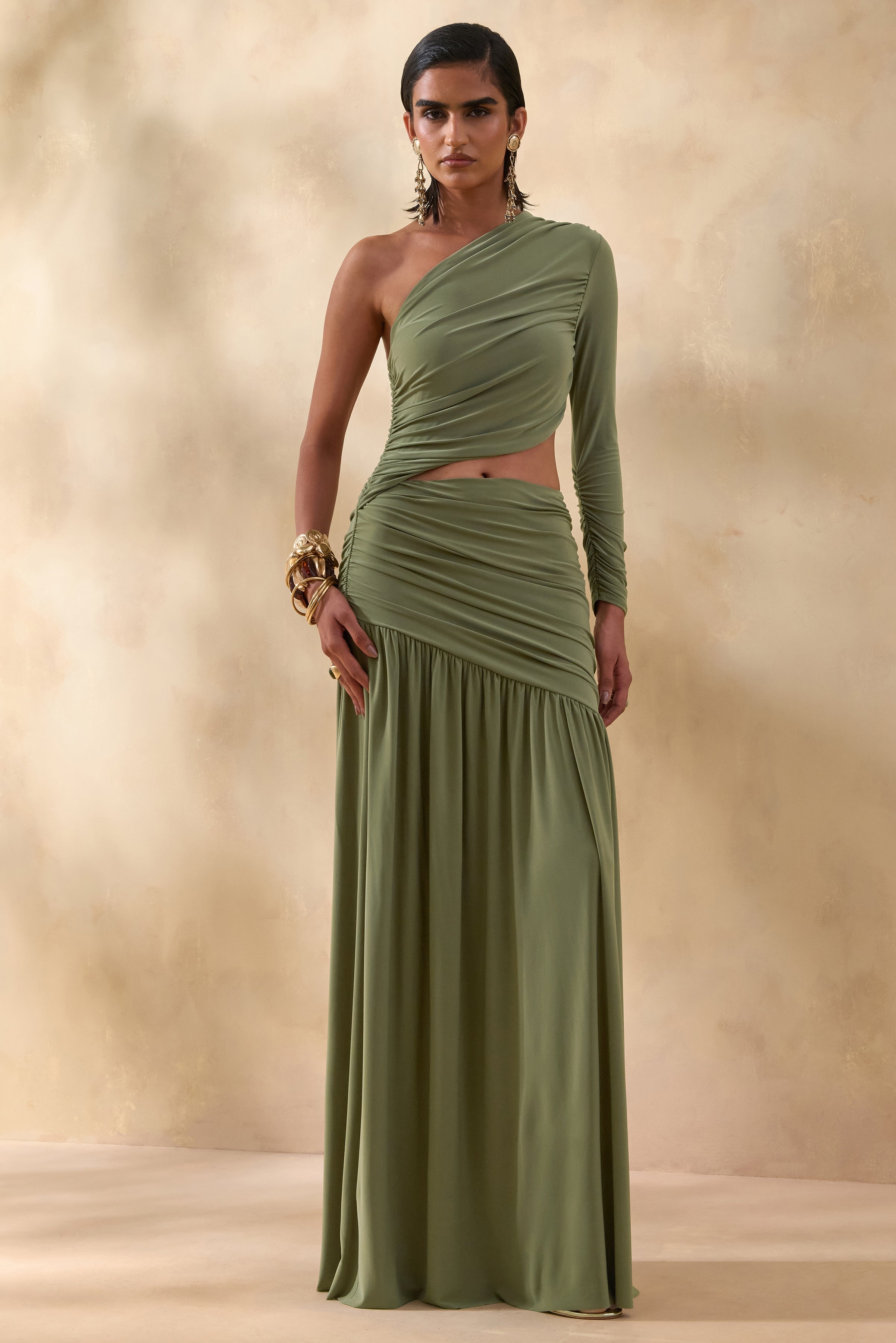 Kinsley | Olive Asymmetric-Neck Maxi Dress With Body Cut-Out Detail