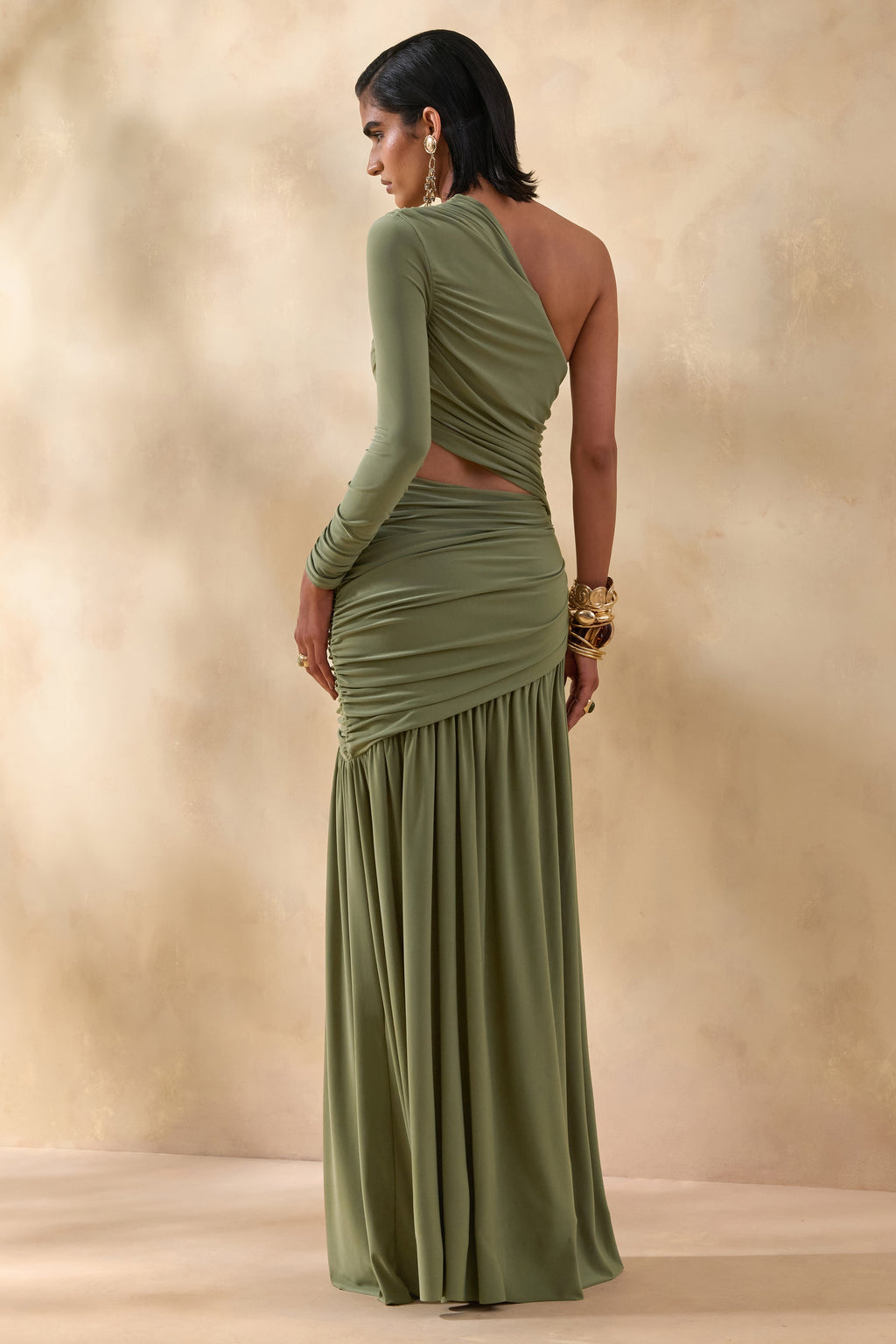 Kinsley | Olive Asymmetric-Neck Maxi Dress With Body Cut-Out Detail