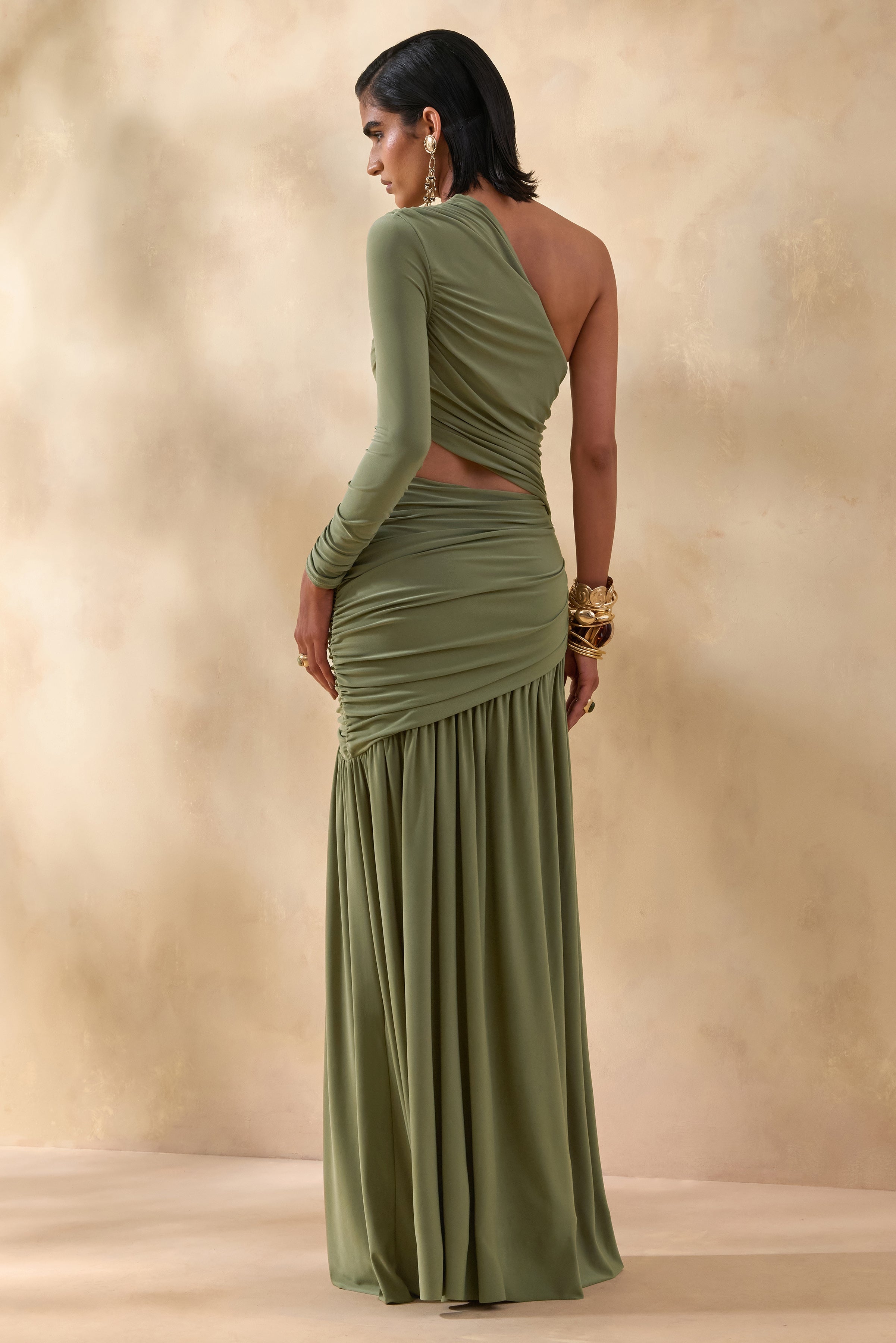 Kinsley | Olive Asymmetric-Neck Maxi Dress With Body Cut-Out Detail