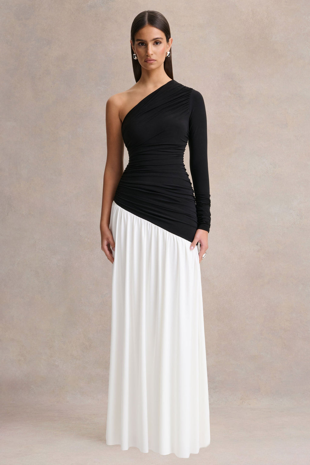 Danila | Black And White Asymmetric-Neck Maxi Dress With Drop-Waist