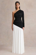 Danila | Black And White Asymmetric-Neck Maxi Dress With Drop-Waist