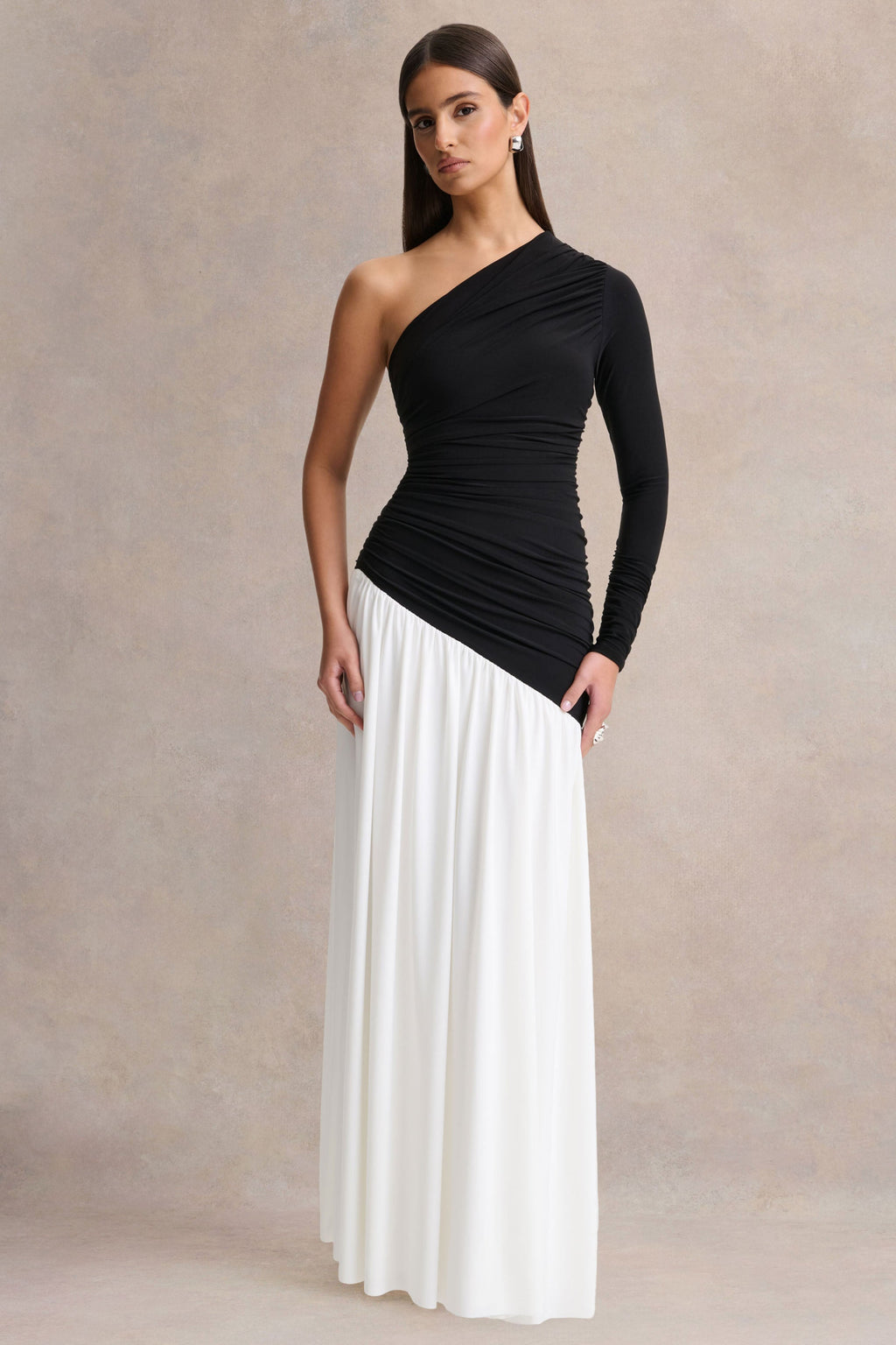 Danila | Black And White Asymmetric-Neck Maxi Dress With Drop-Waist