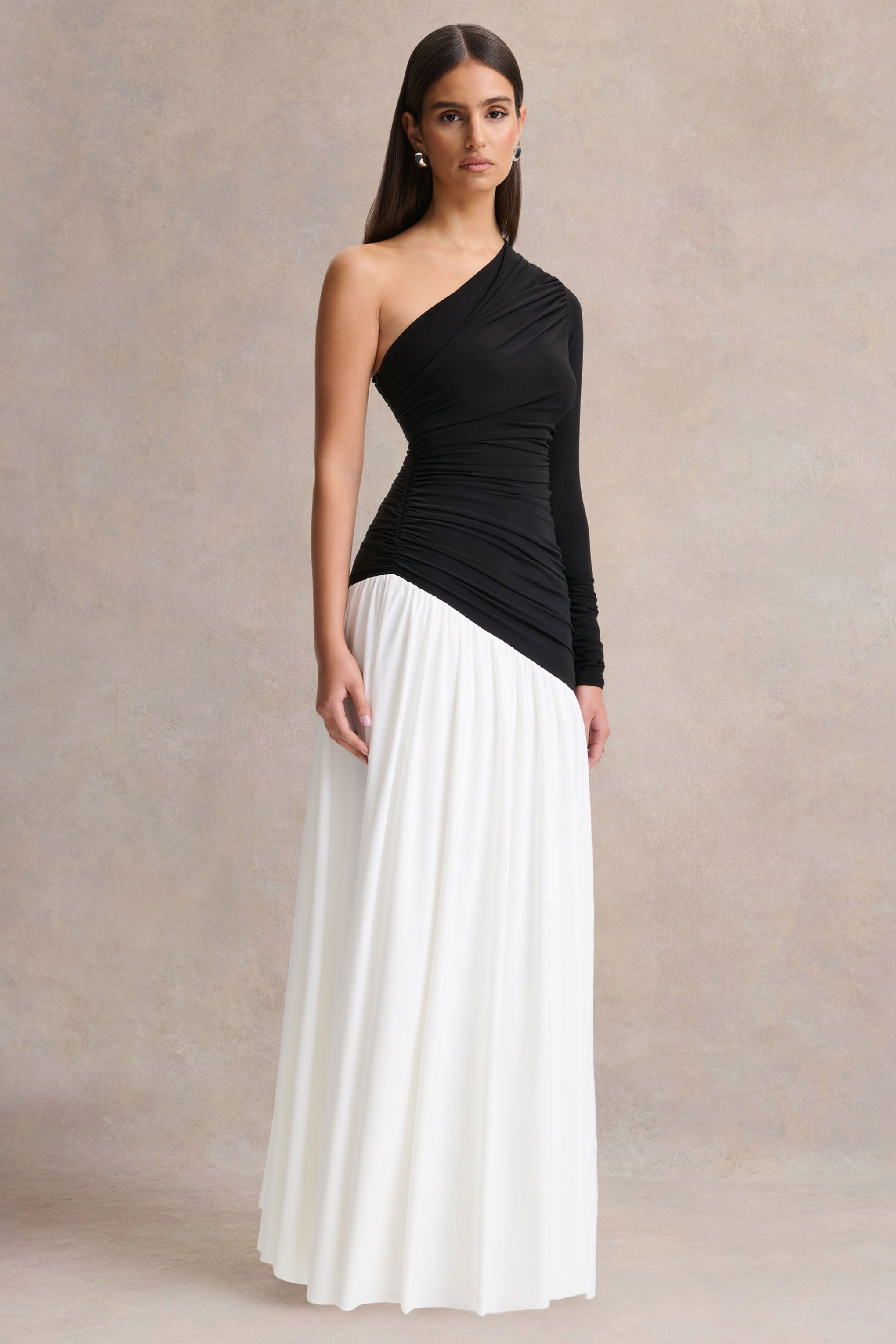 Danila | Black And White Asymmetric-Neck Maxi Dress With Drop-Waist
