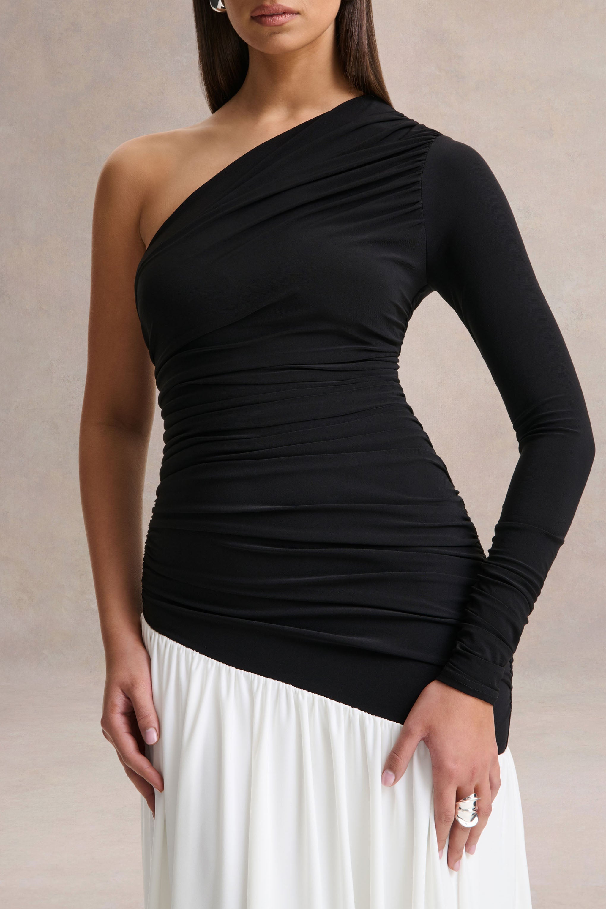 Danila | Black And White Asymmetric-Neck Maxi Dress With Drop-Waist
