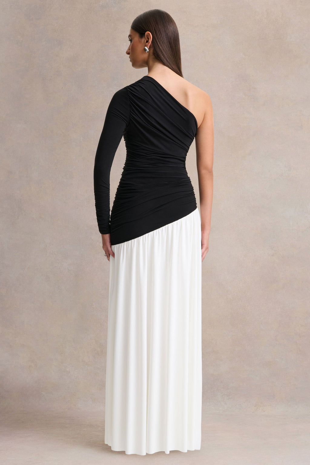 Danila | Black And White Asymmetric-Neck Maxi Dress With Drop-Waist