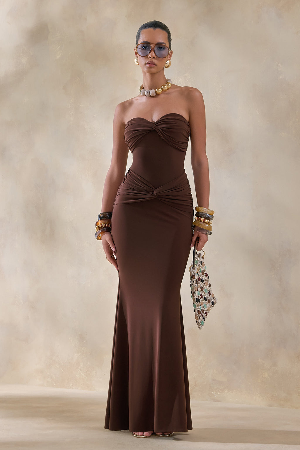 Elodia | Brown Bandeau Maxi Dress With Gathered-Detailing