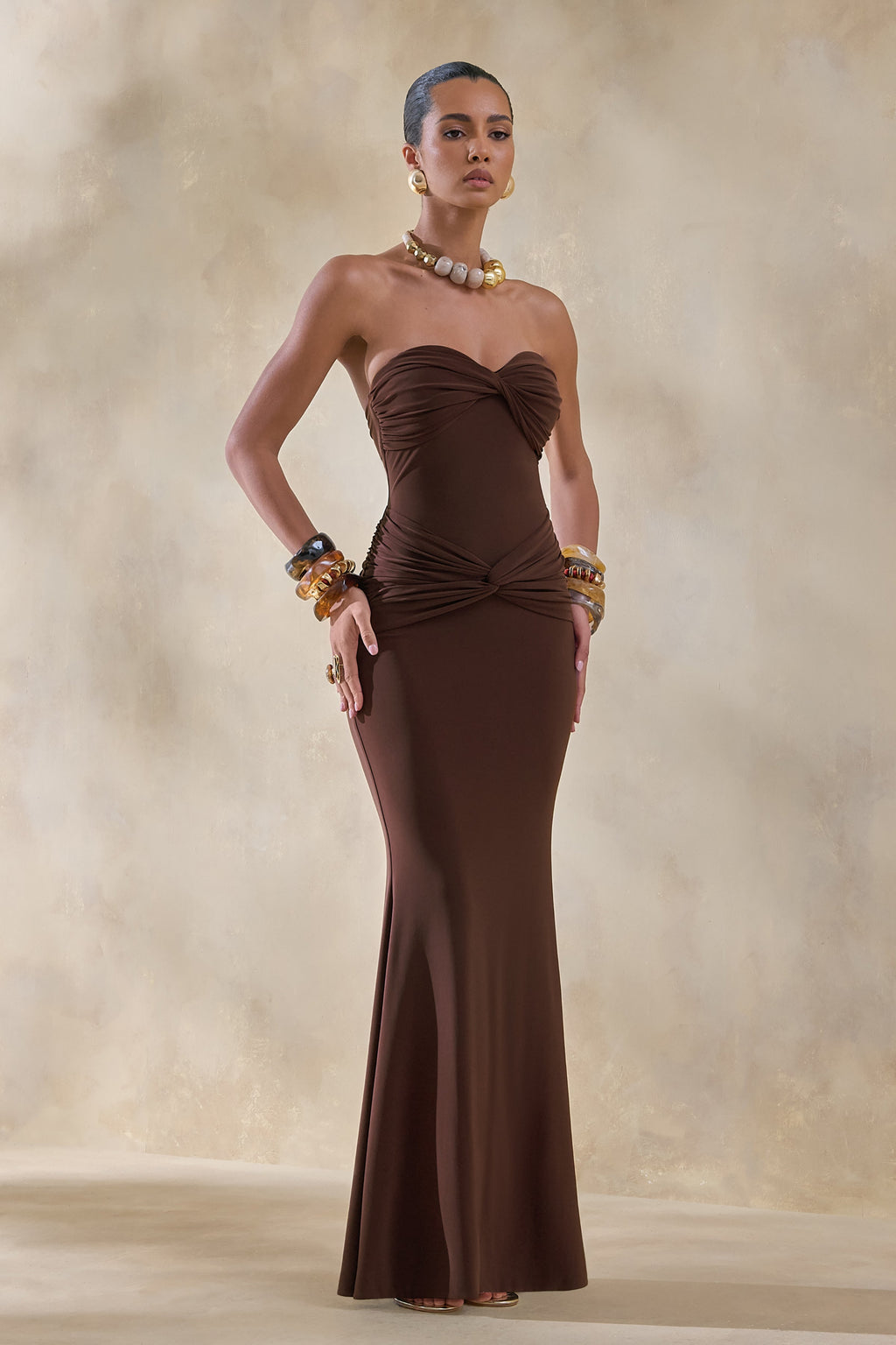 Elodia | Brown Bandeau Maxi Dress With Gathered-Detailing