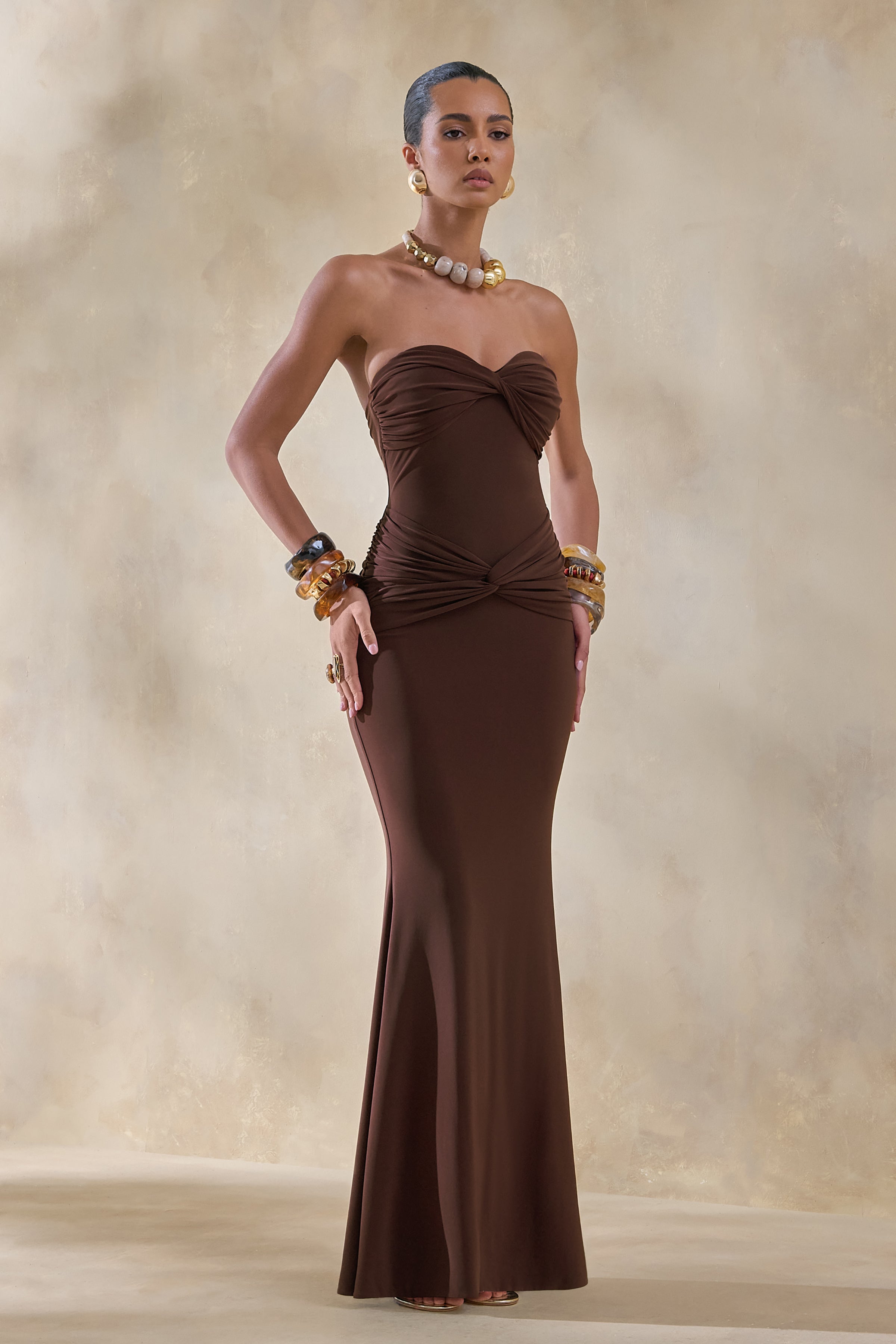 Elodia | Brown Bandeau Maxi Dress With Gathered-Detailing