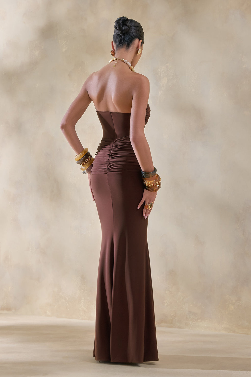 Elodia | Brown Bandeau Maxi Dress With Gathered-Detailing