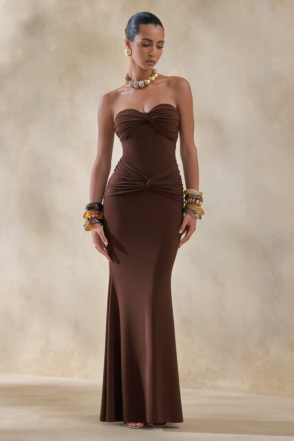 Elodia | Brown Bandeau Maxi Dress With Gathered-Detailing