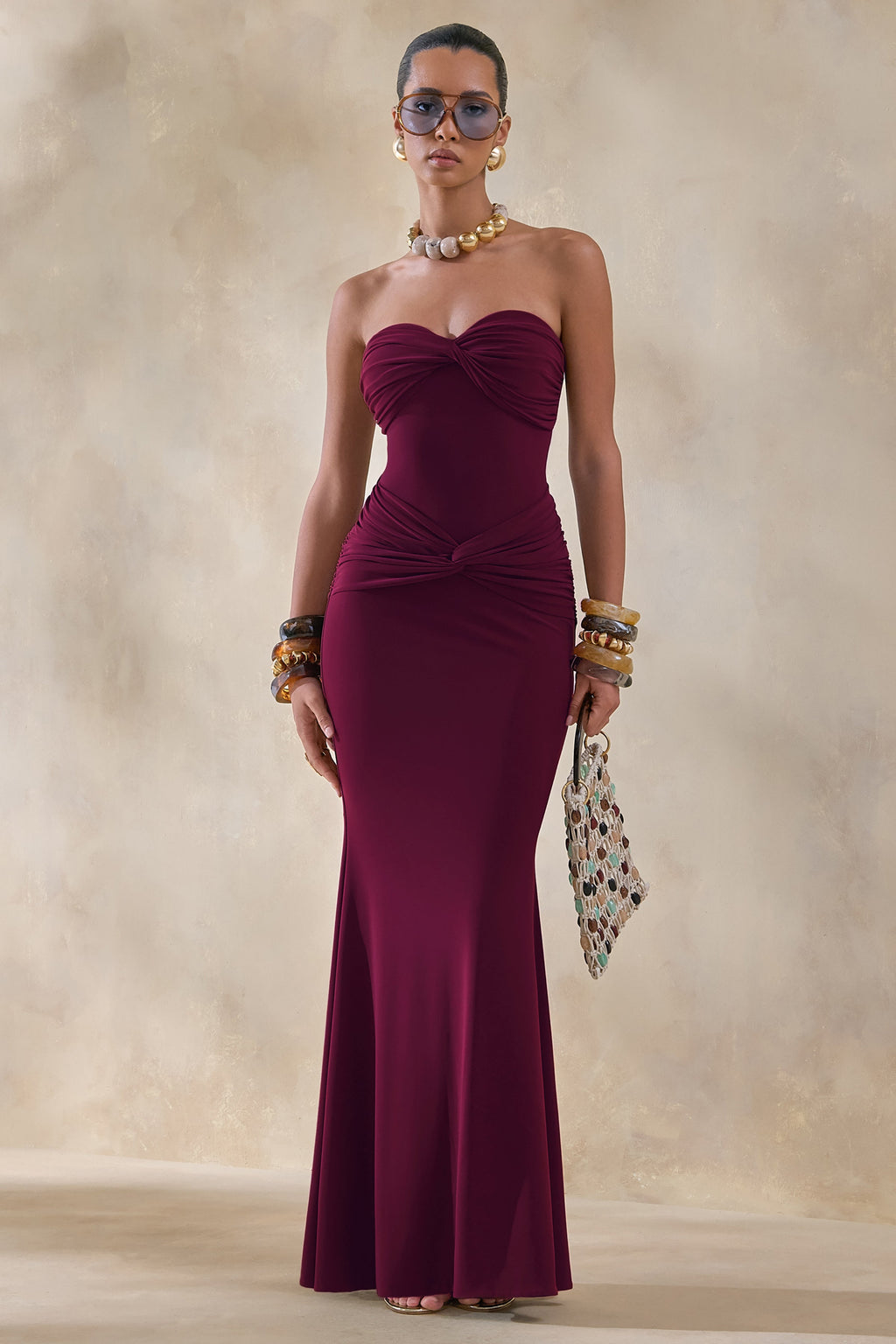 Elodia | Burgundy Bandeau Maxi Dress With Gathered-Detailing