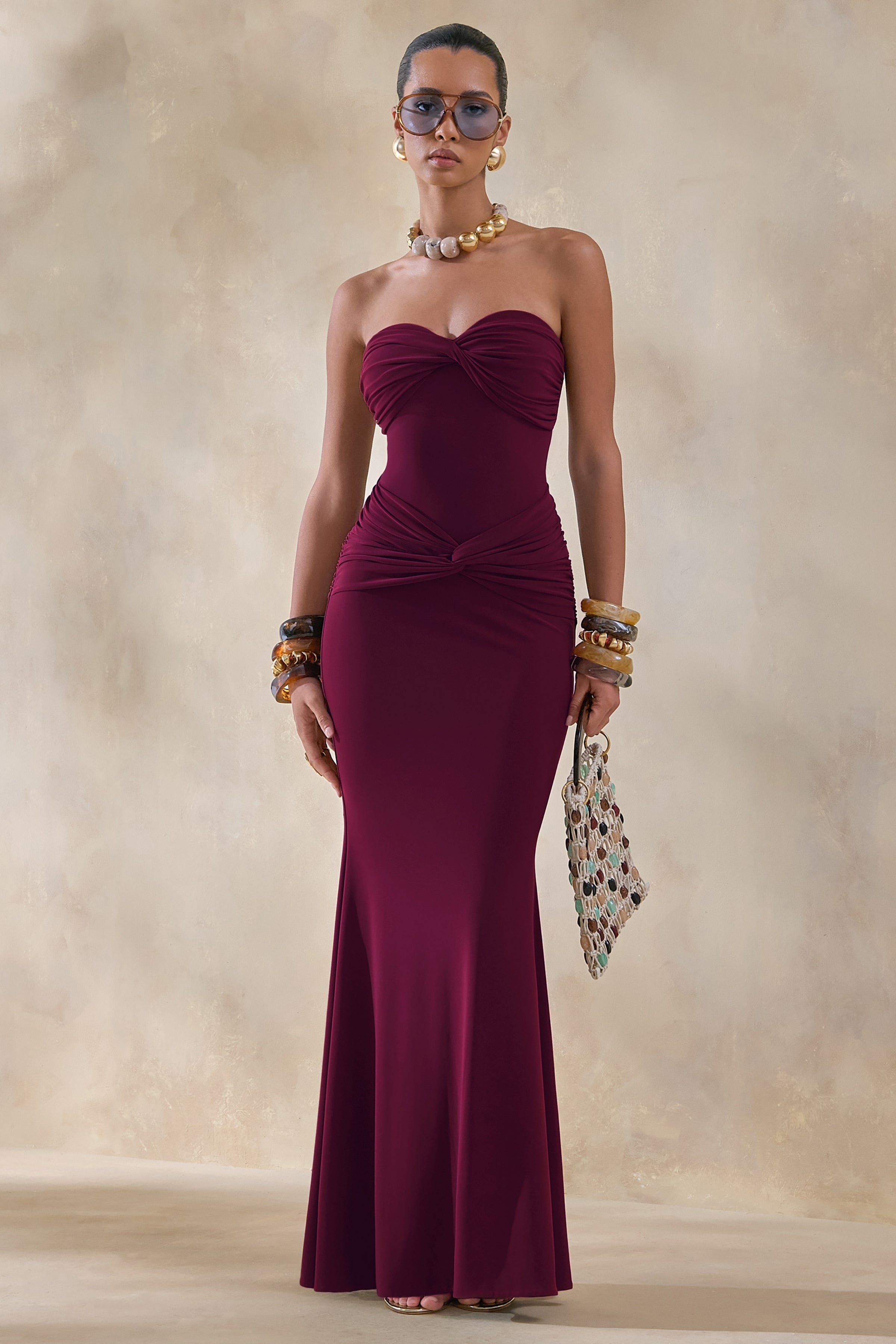 Elodia | Burgundy Bandeau Maxi Dress With Gathered-Detailing