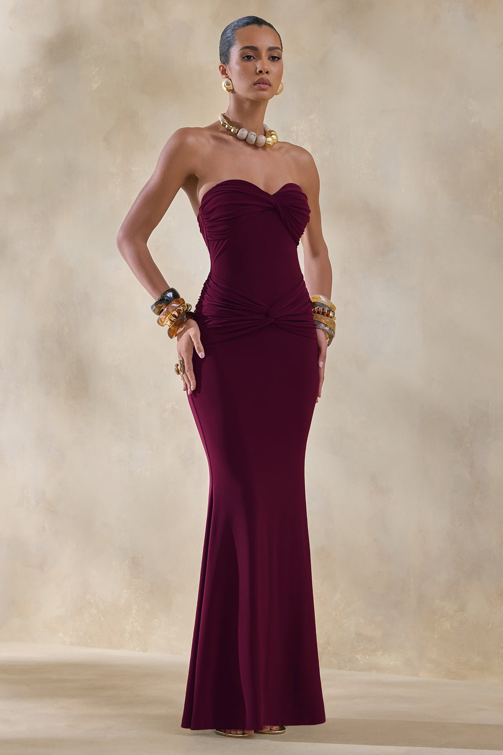 Elodia | Burgundy Bandeau Maxi Dress With Gathered-Detailing