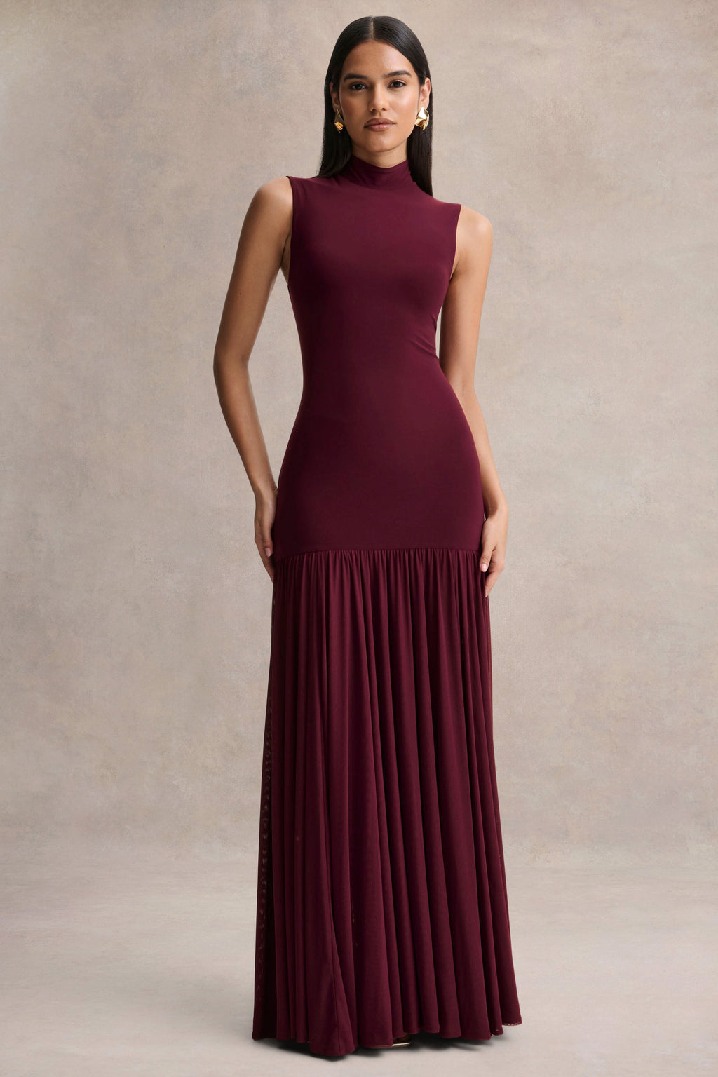 Gigi | Burgundy High-Neck Maxi Dress With Drop-Waist And Sheer Skirt
