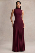 Gigi | Burgundy High-Neck Maxi Dress With Drop-Waist And Sheer Skirt