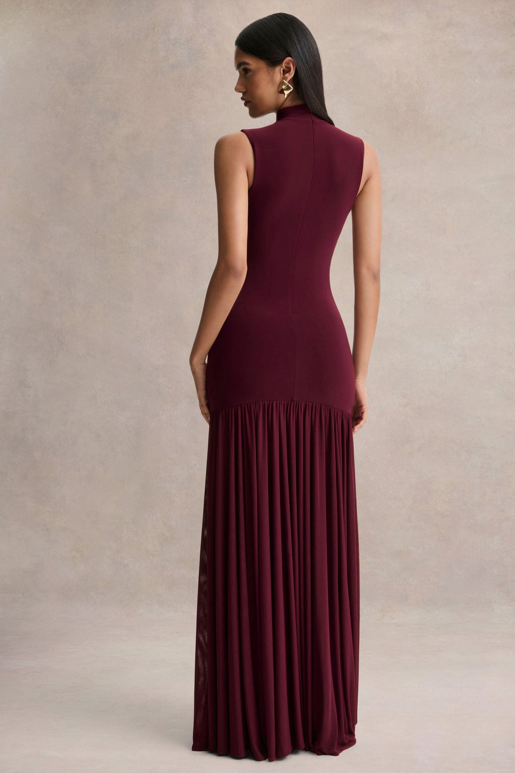 Gigi | Burgundy High-Neck Maxi Dress With Drop-Waist And Sheer Skirt