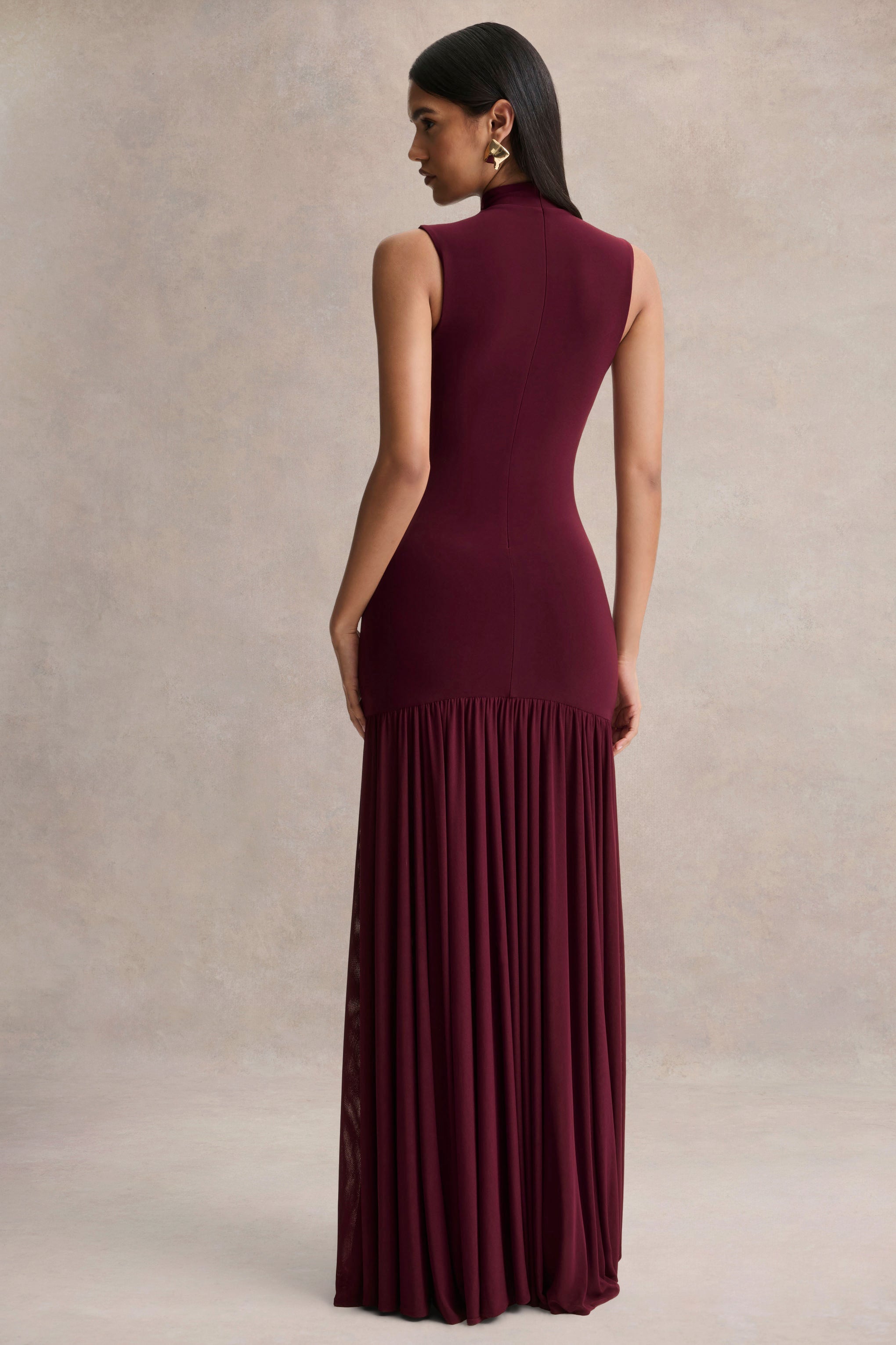 Gigi | Burgundy High-Neck Maxi Dress With Drop-Waist And Sheer Skirt