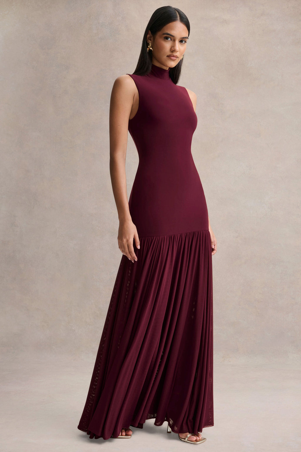Gigi | Burgundy High-Neck Maxi Dress With Drop-Waist And Sheer Skirt