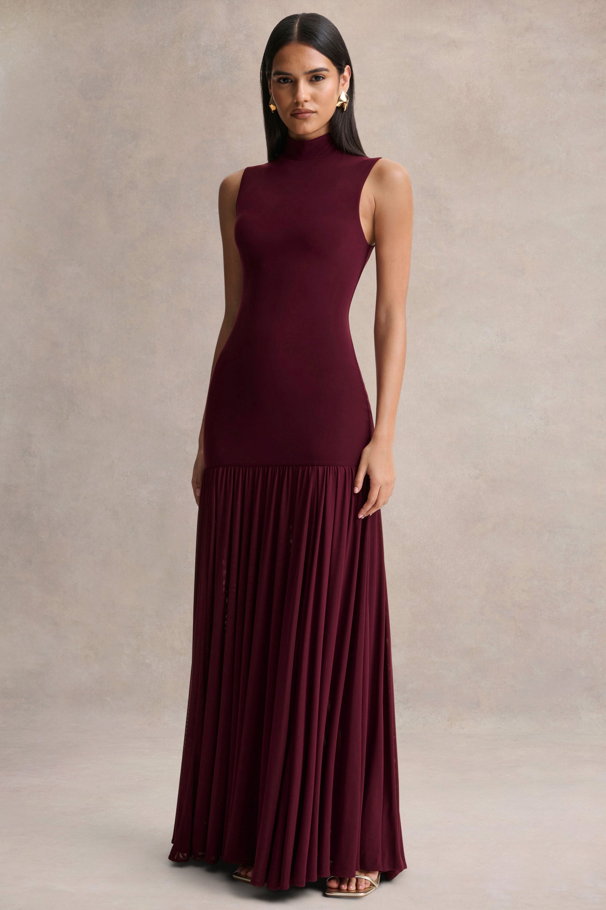 Gigi | Burgundy High-Neck Maxi Dress With Drop-Waist And Sheer Skirt
