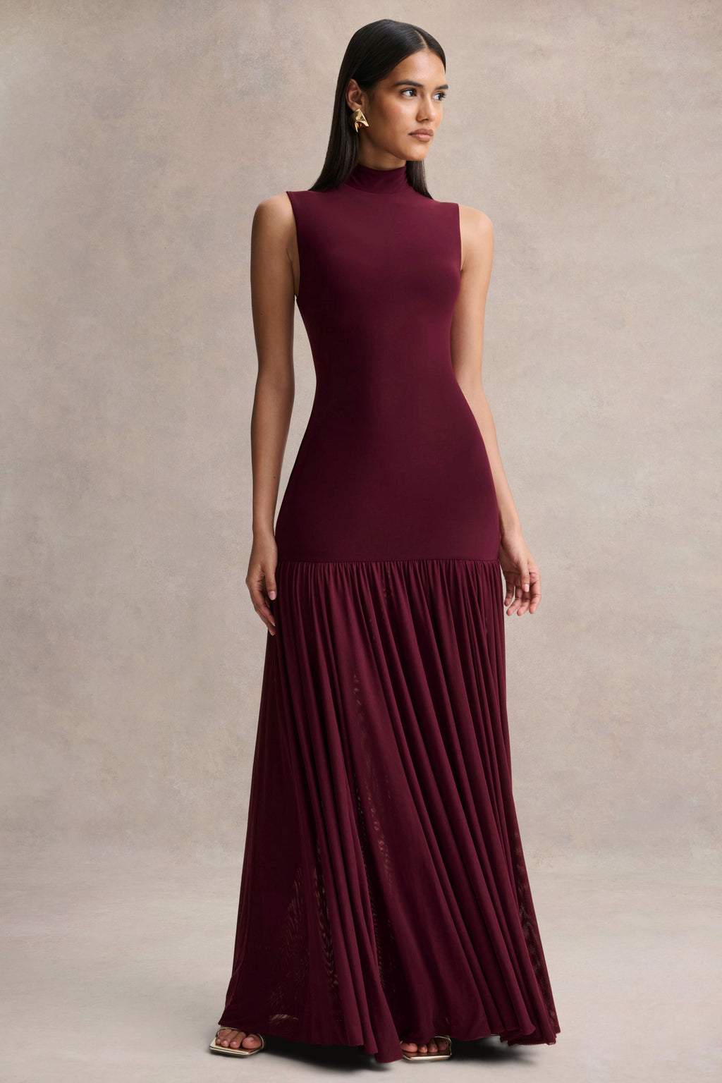 Gigi | Burgundy High-Neck Maxi Dress With Drop-Waist And Sheer Skirt