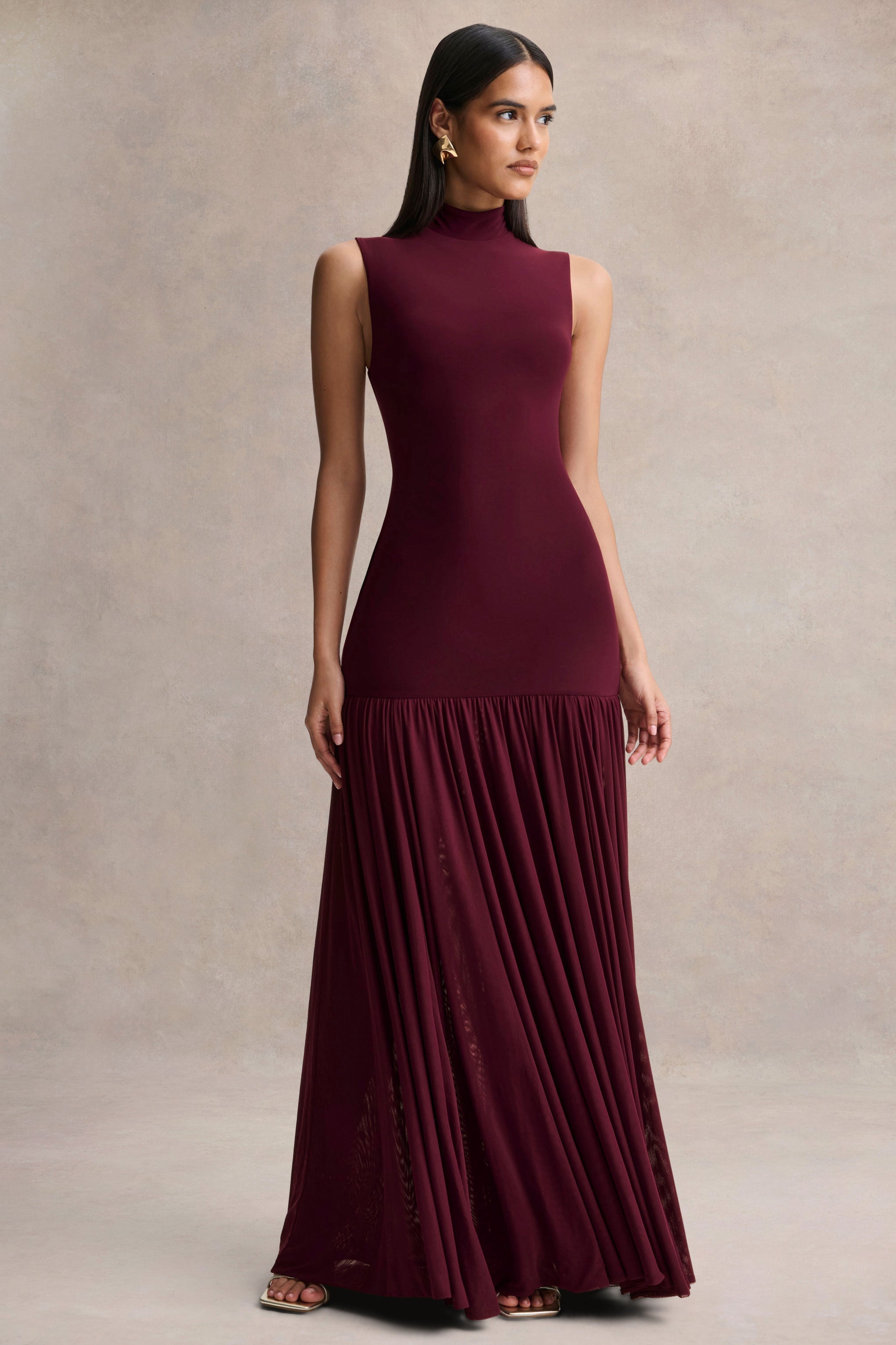 Gigi | Burgundy High-Neck Maxi Dress With Drop-Waist And Sheer Skirt