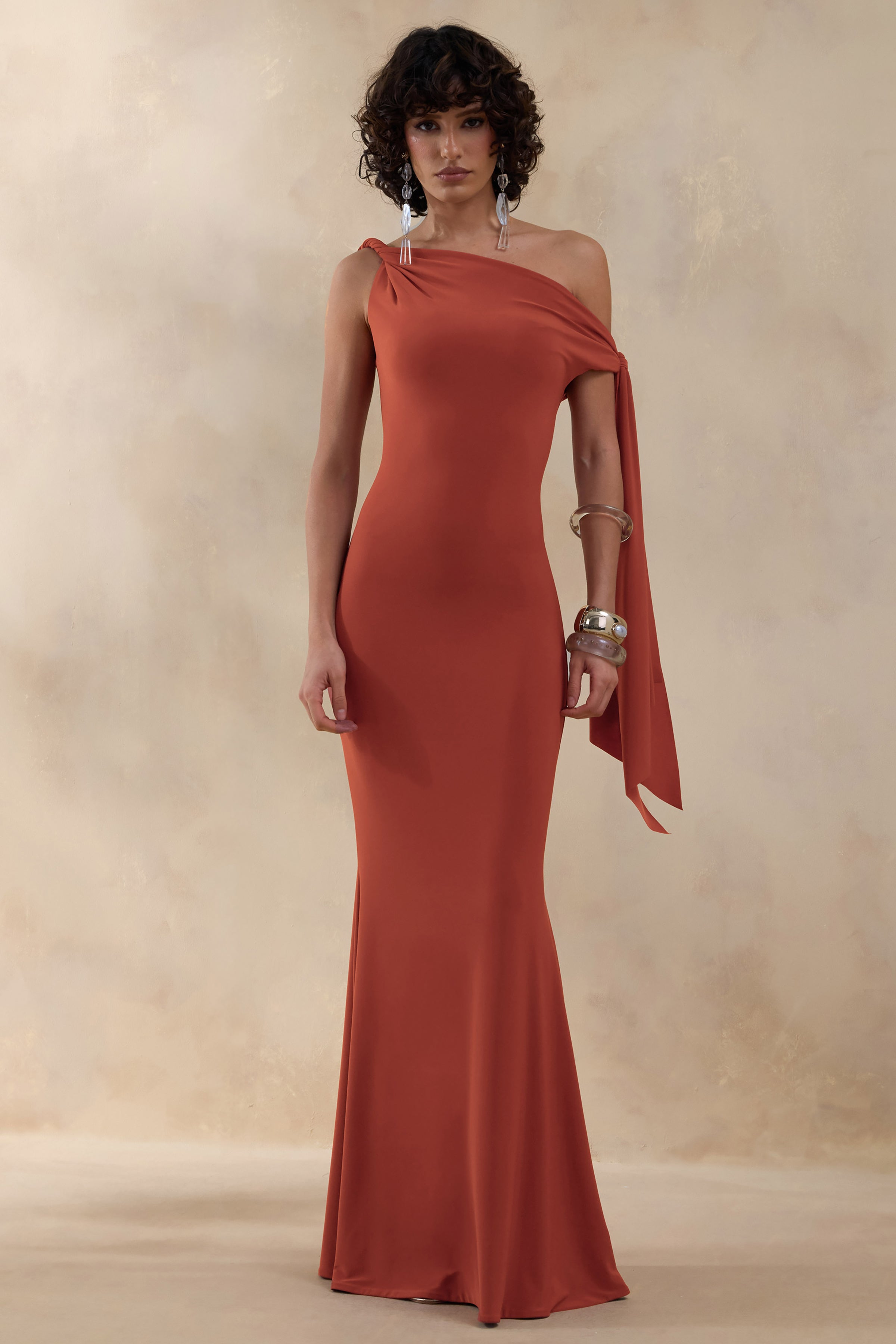 Vista | Rust Asymmetric-Neck Maxi Dress With Knot-Sleeve Detail
