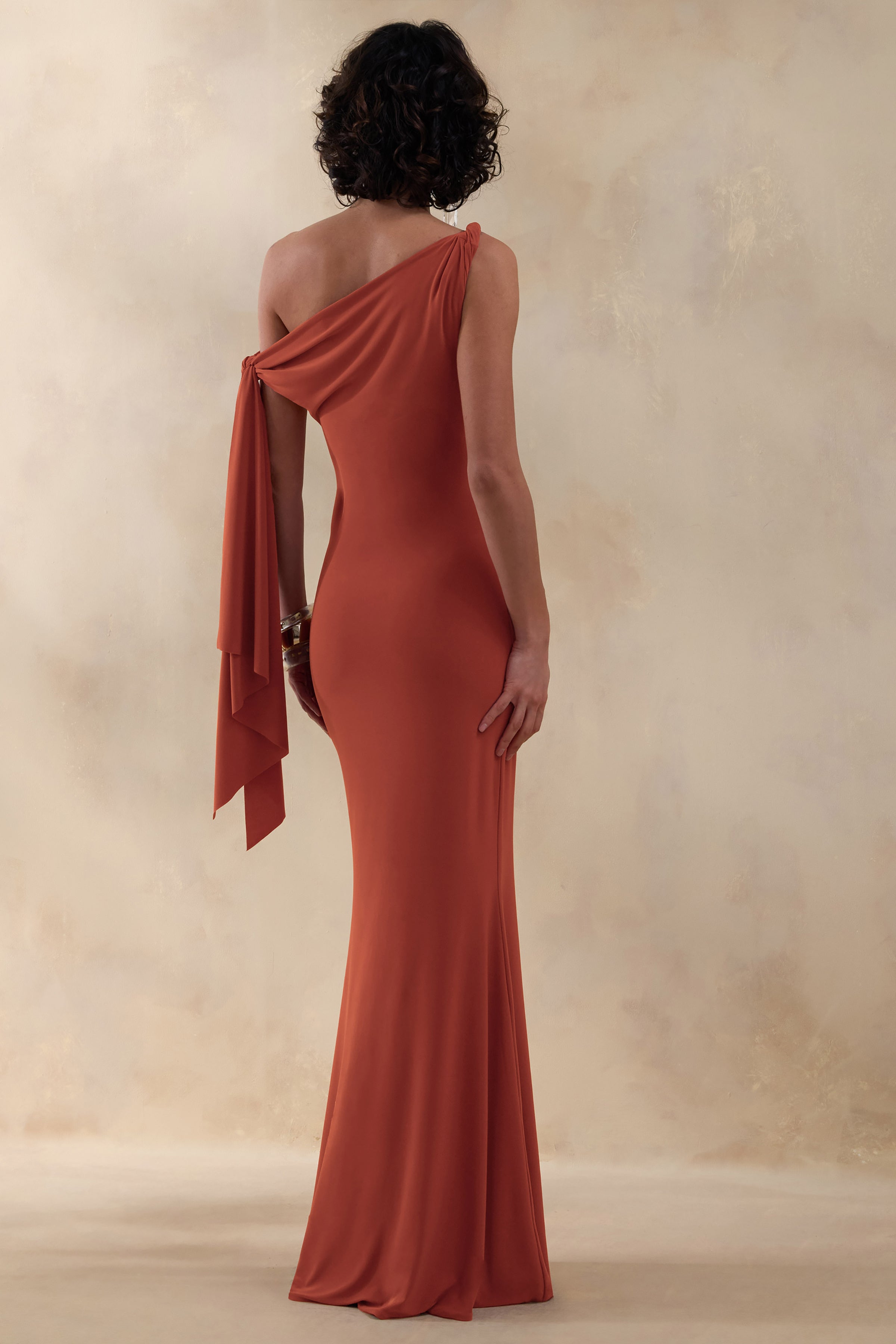 Vista | Rust Asymmetric-Neck Maxi Dress With Knot-Sleeve Detail