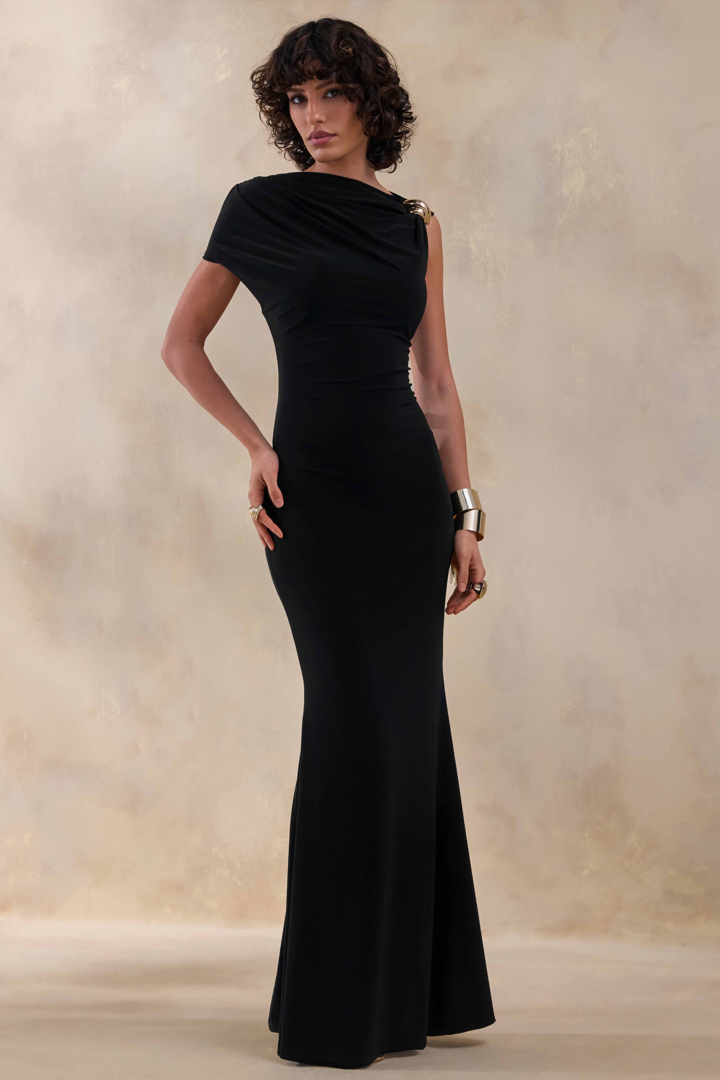 Blaire | Black Asymmetric-Neck Maxi Dress With Gold-Detailing