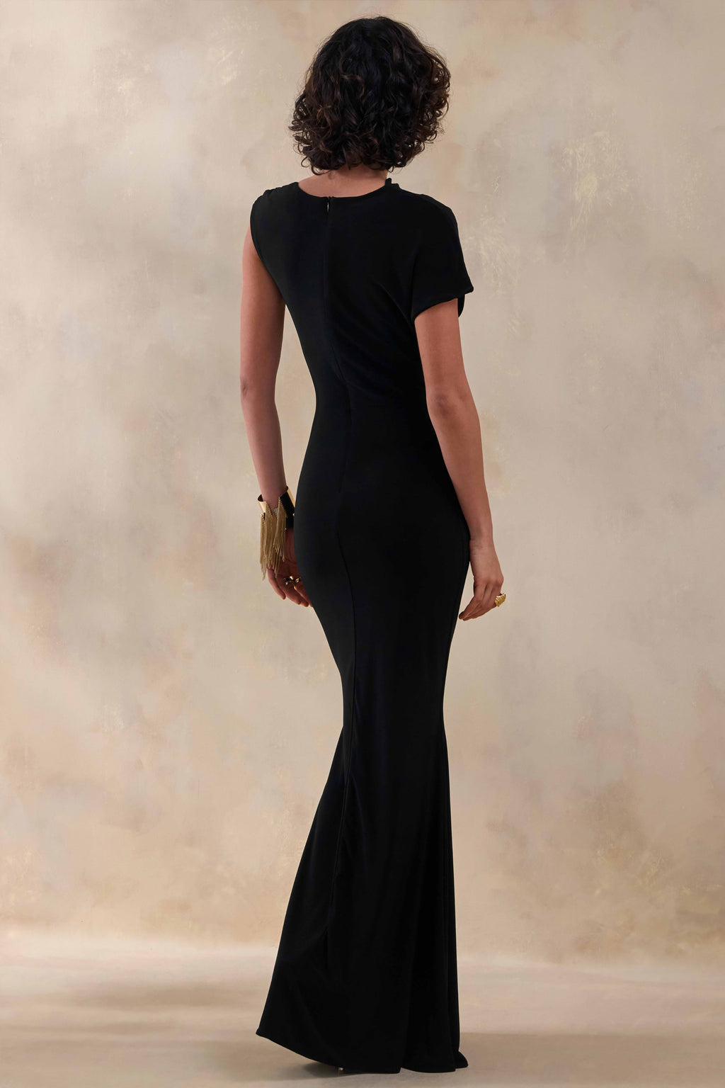Blaire | Black Asymmetric-Neck Maxi Dress With Gold-Detailing