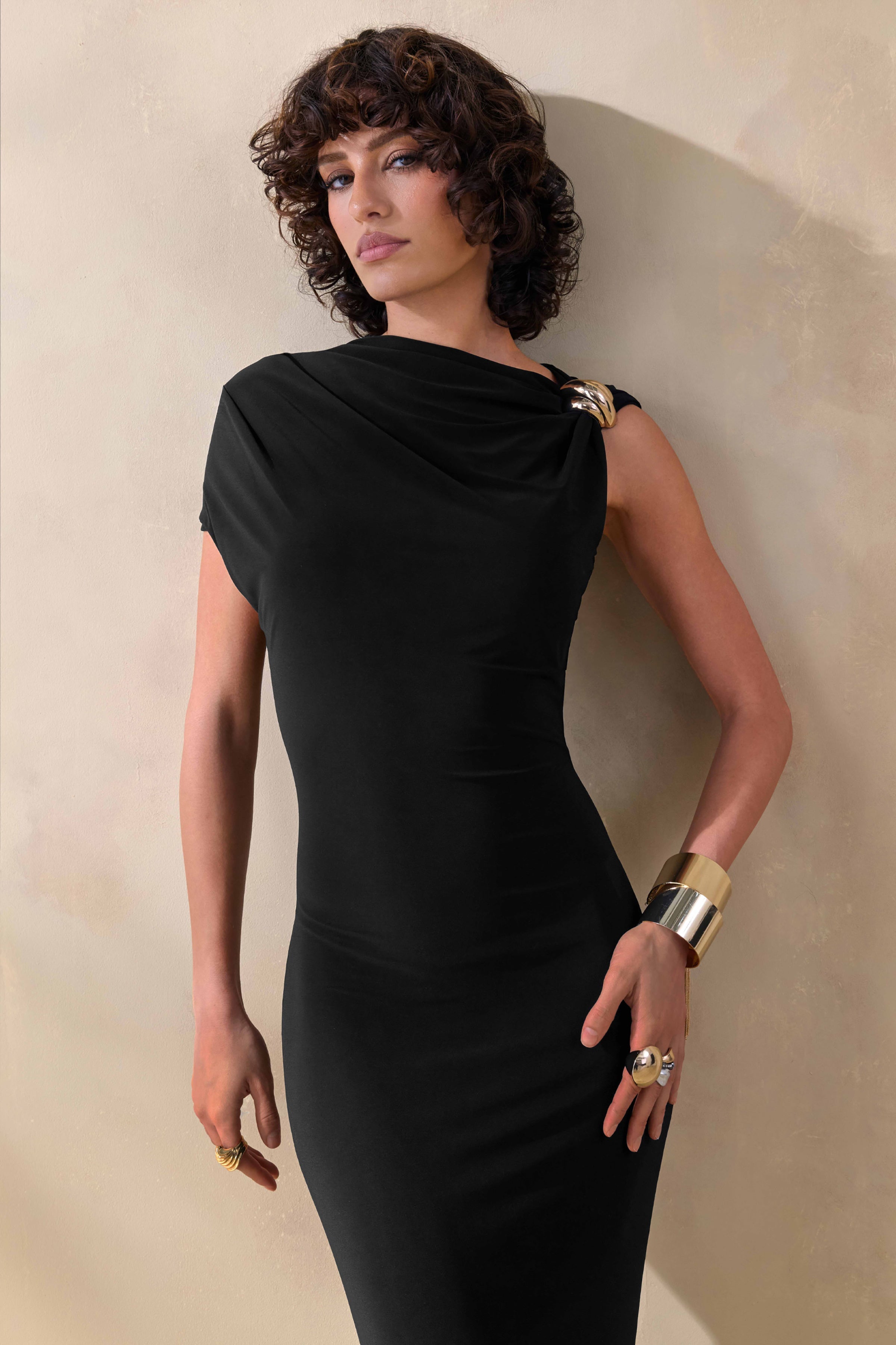 Blaire | Black Asymmetric-Neck Maxi Dress With Gold-Detailing