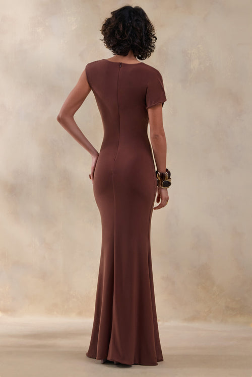 Blaire | Brown Asymmetric-Neck Maxi Dress With Gold-Detailing