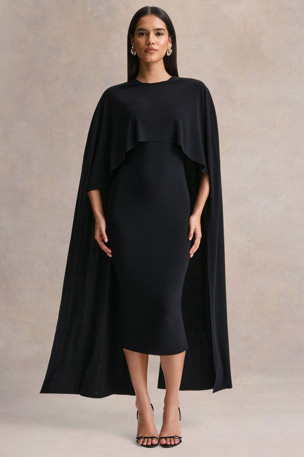 Kalani | Black Crew-Neck Midi Dress With Cape-Sleeves