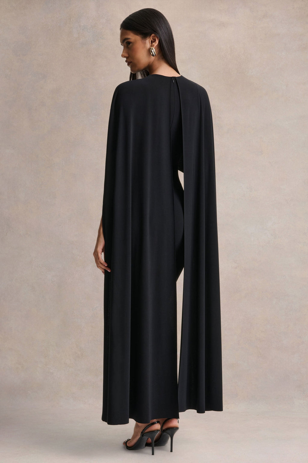Kalani | Black Crew-Neck Midi Dress With Cape-Sleeves