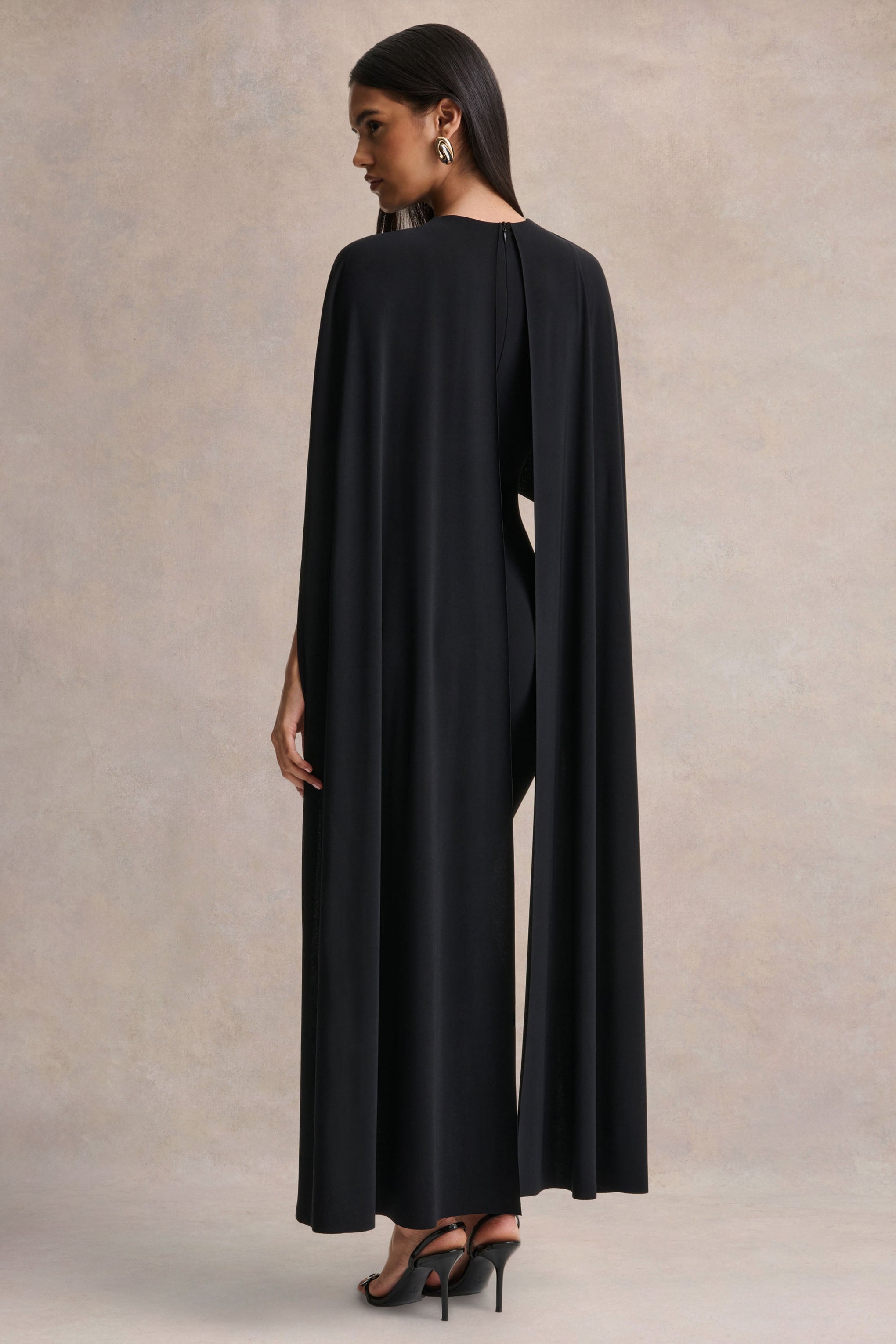 Kalani | Black Crew-Neck Midi Dress With Cape-Sleeves