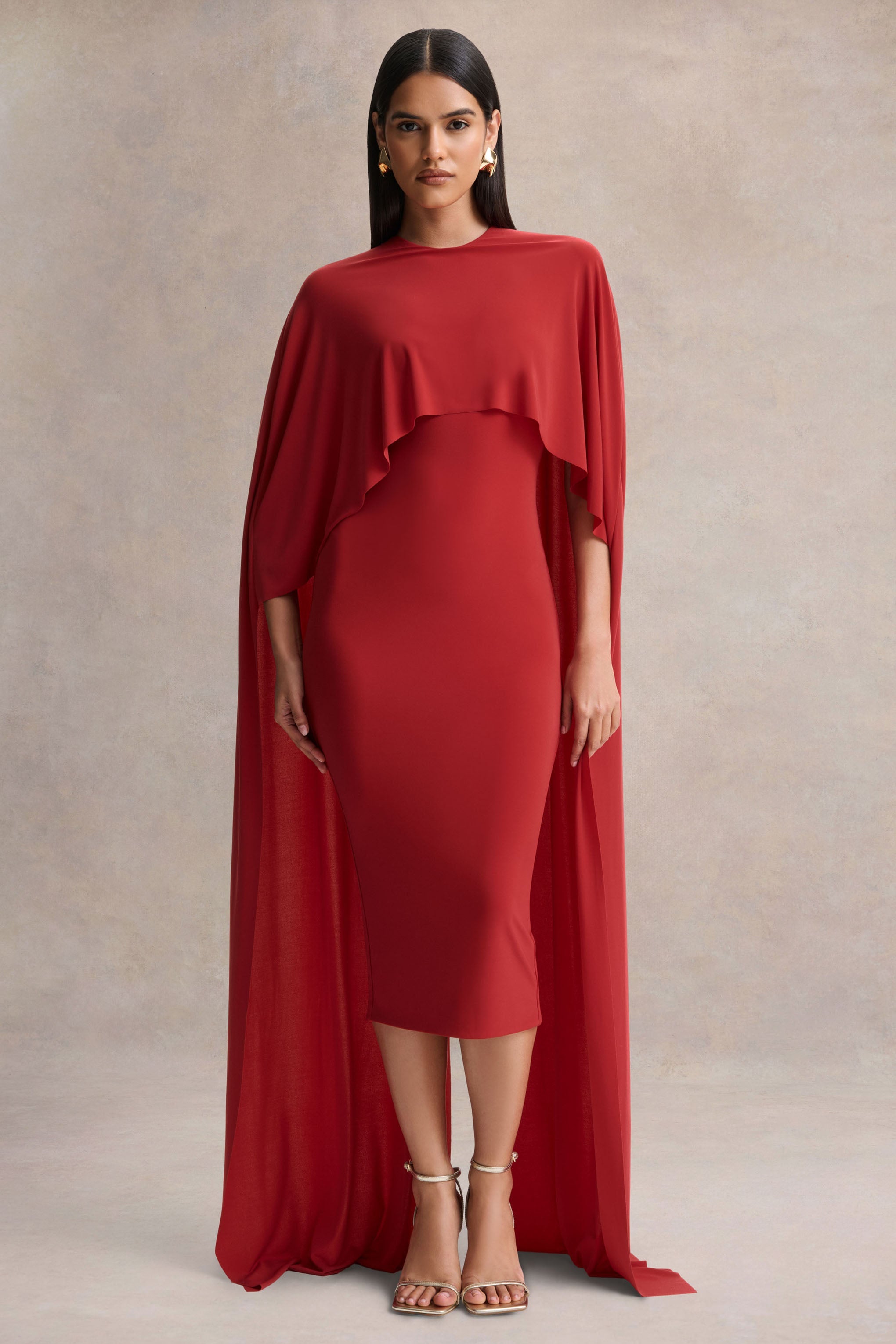 Kalani | Red Crew-Neck Midi Dress With Cape-Sleeves
