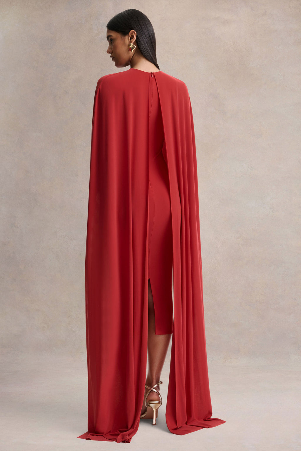 Kalani | Red Crew-Neck Midi Dress With Cape-Sleeves
